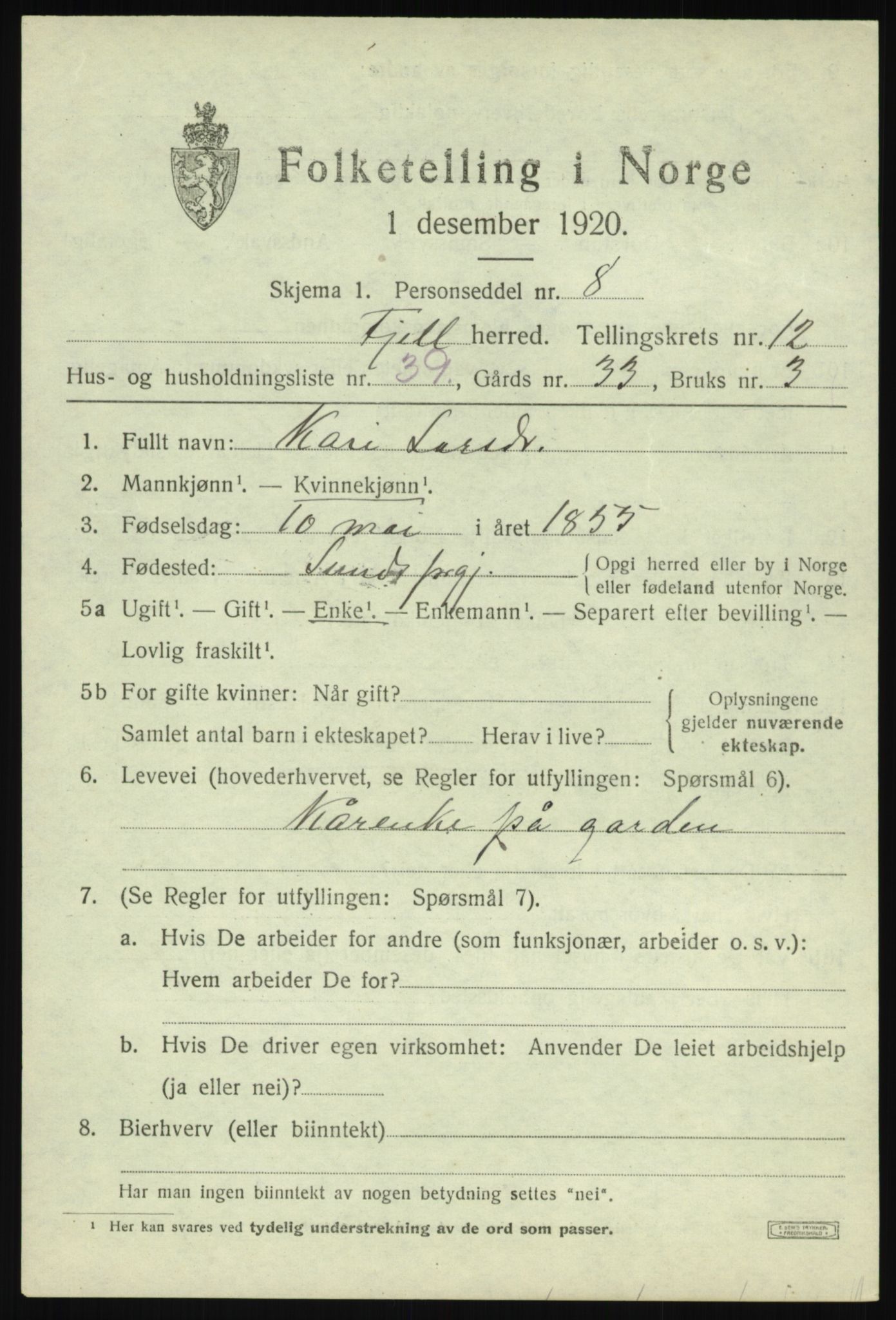 SAB, 1920 census for Fjell, 1920, p. 11212