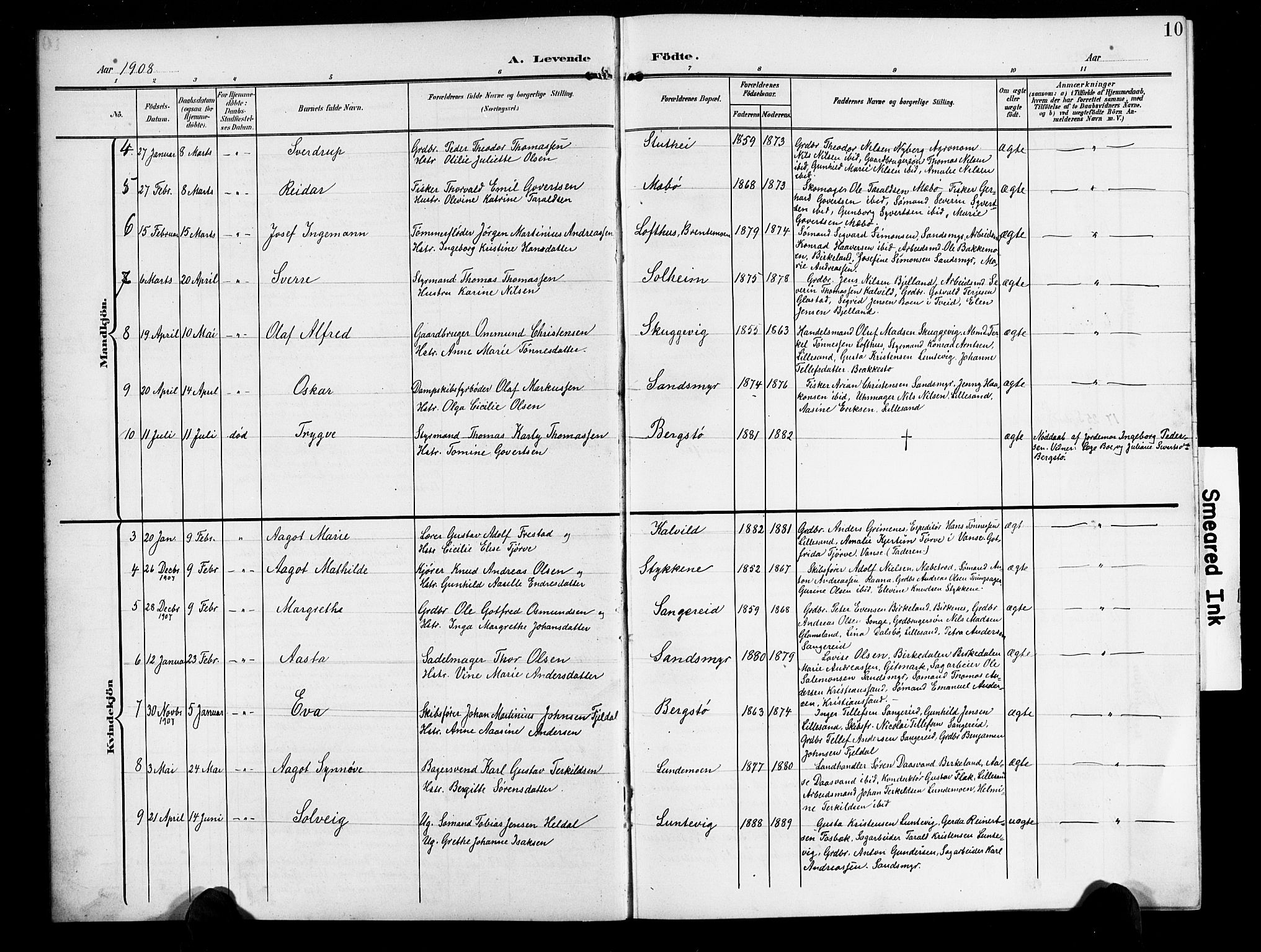 Vestre Moland sokneprestkontor, AV/SAK-1111-0046/F/Fb/Fbb/L0007: Parish register (copy) no. B 7, 1906-1929, p. 10