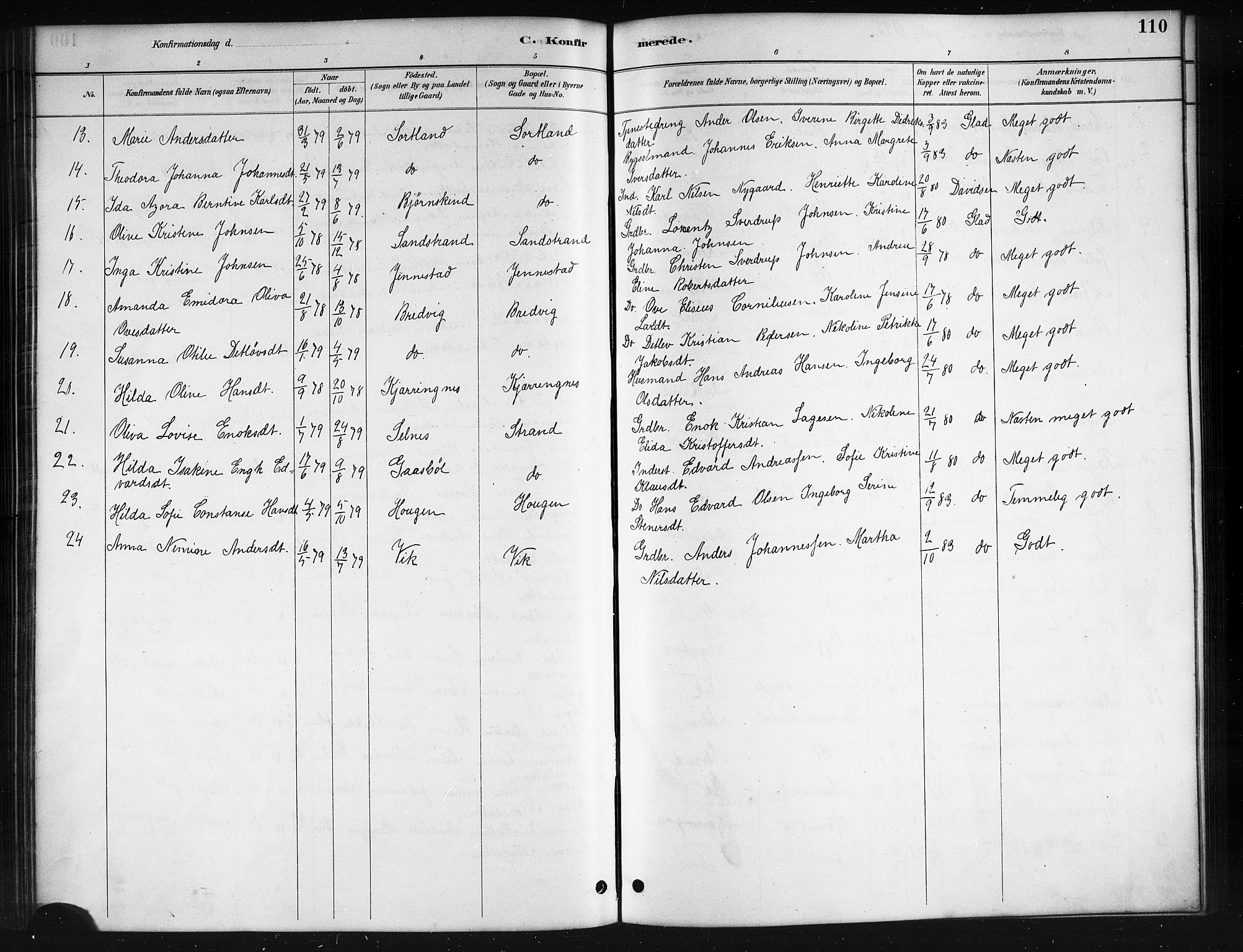 Ministerialprotokoller, klokkerbøker og fødselsregistre - Nordland, AV/SAT-A-1459/895/L1382: Parish register (copy) no. 895C04, 1885-1896, p. 110