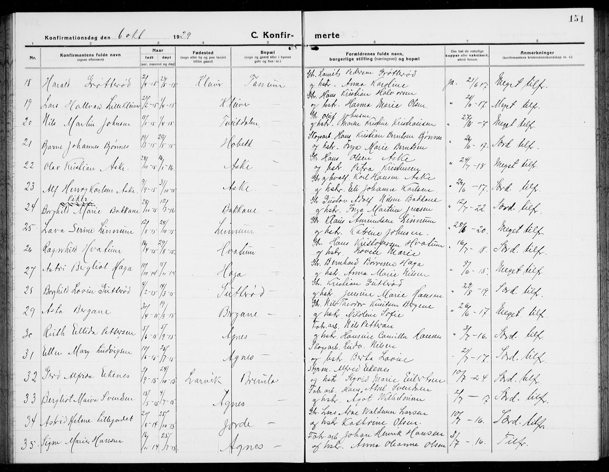Brunlanes kirkebøker, SAKO/A-342/G/Ga/L0005: Parish register (copy) no. I 5, 1918-1941, p. 151