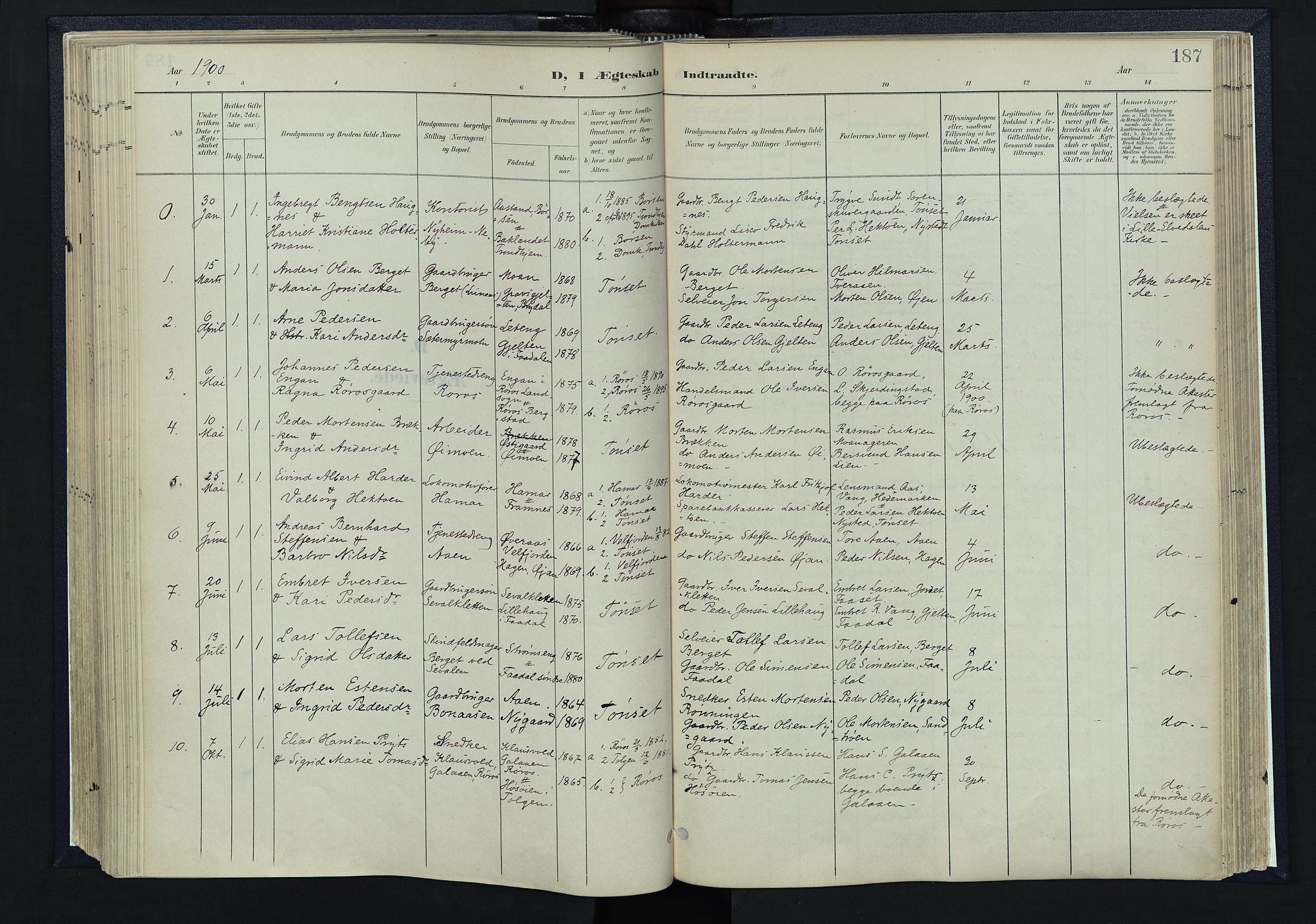 Tynset prestekontor, SAH/PREST-058/H/Ha/Haa/L0025: Parish register (official) no. 25, 1900-1914, p. 187