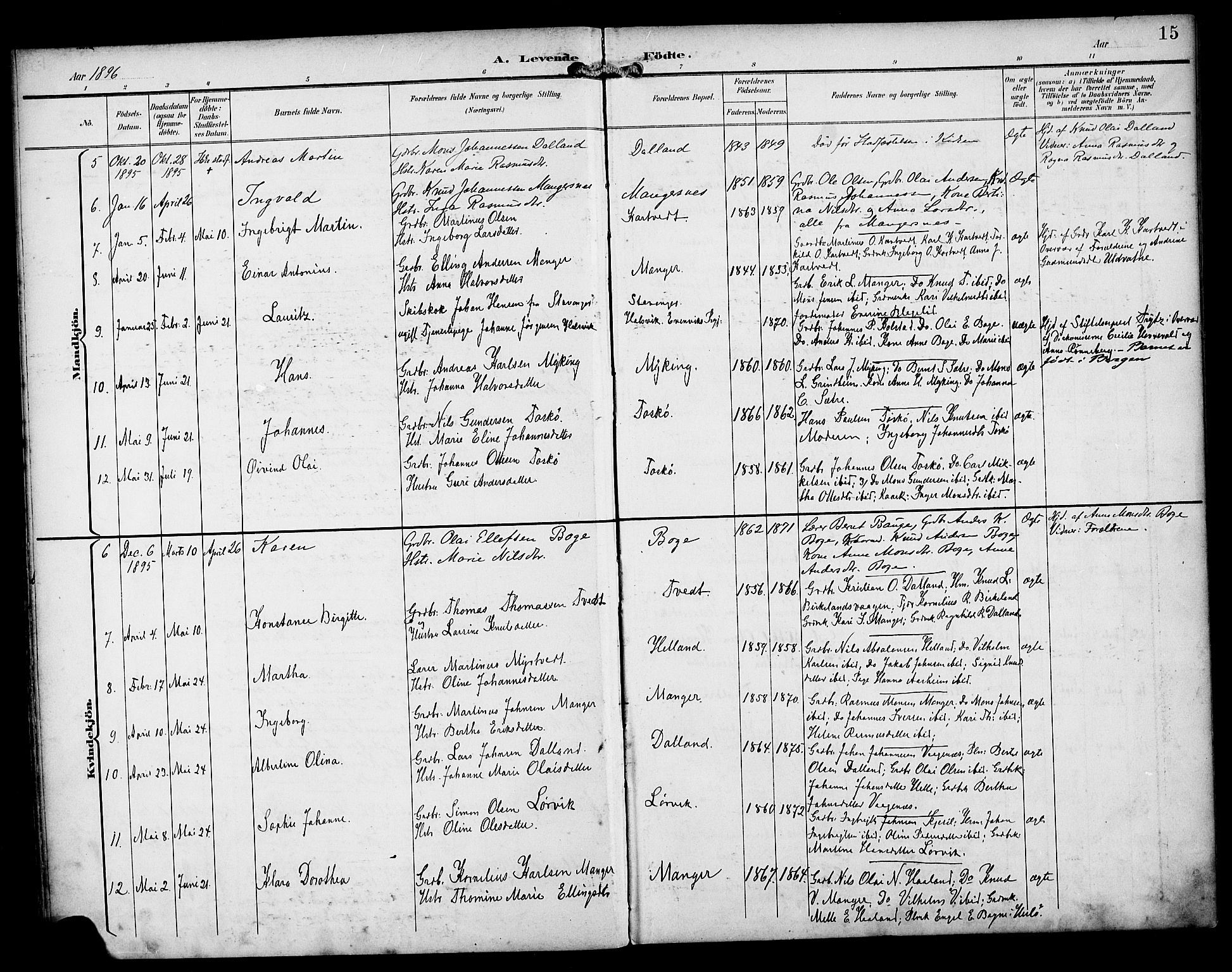 Manger sokneprestembete, SAB/A-76801/H/Haa: Parish register (official) no. B 2, 1893-1906, p. 15
