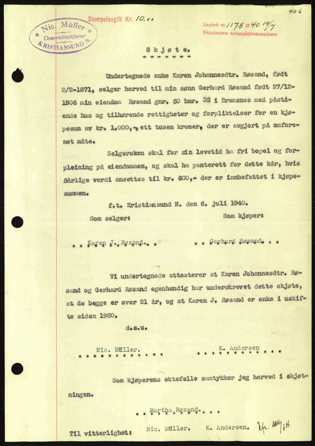 Nordmøre sorenskriveri, AV/SAT-A-4132/1/2/2Ca: Mortgage book no. A88, 1940-1940, Diary no: : 1178/1940