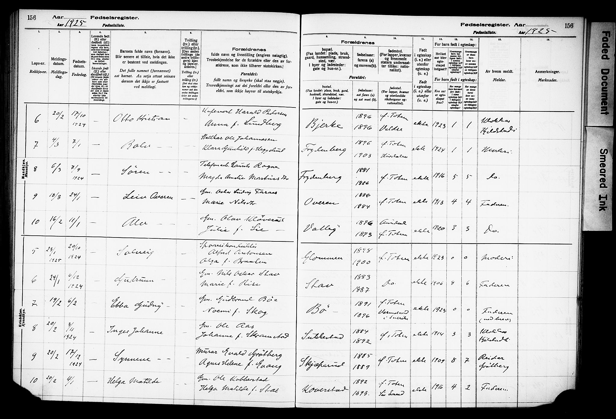 Østre Toten prestekontor, AV/SAH-PREST-104/I/Id/L0001/0001: Birth register no. 1.1, 1916-1928, p. 156