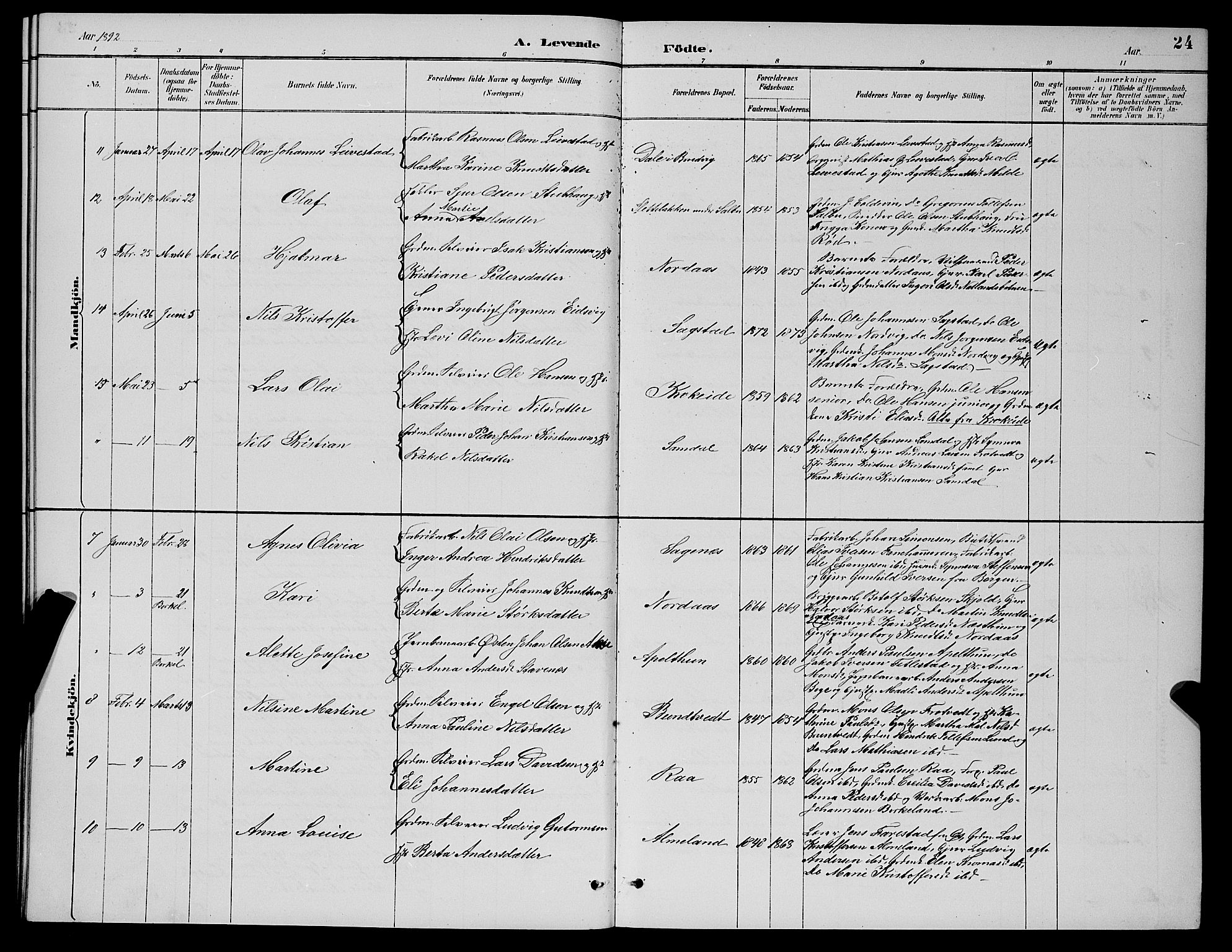 Fana Sokneprestembete, AV/SAB-A-75101/H/Hab/Haba/L0002: Parish register (copy) no. A 2, 1889-1895, p. 24