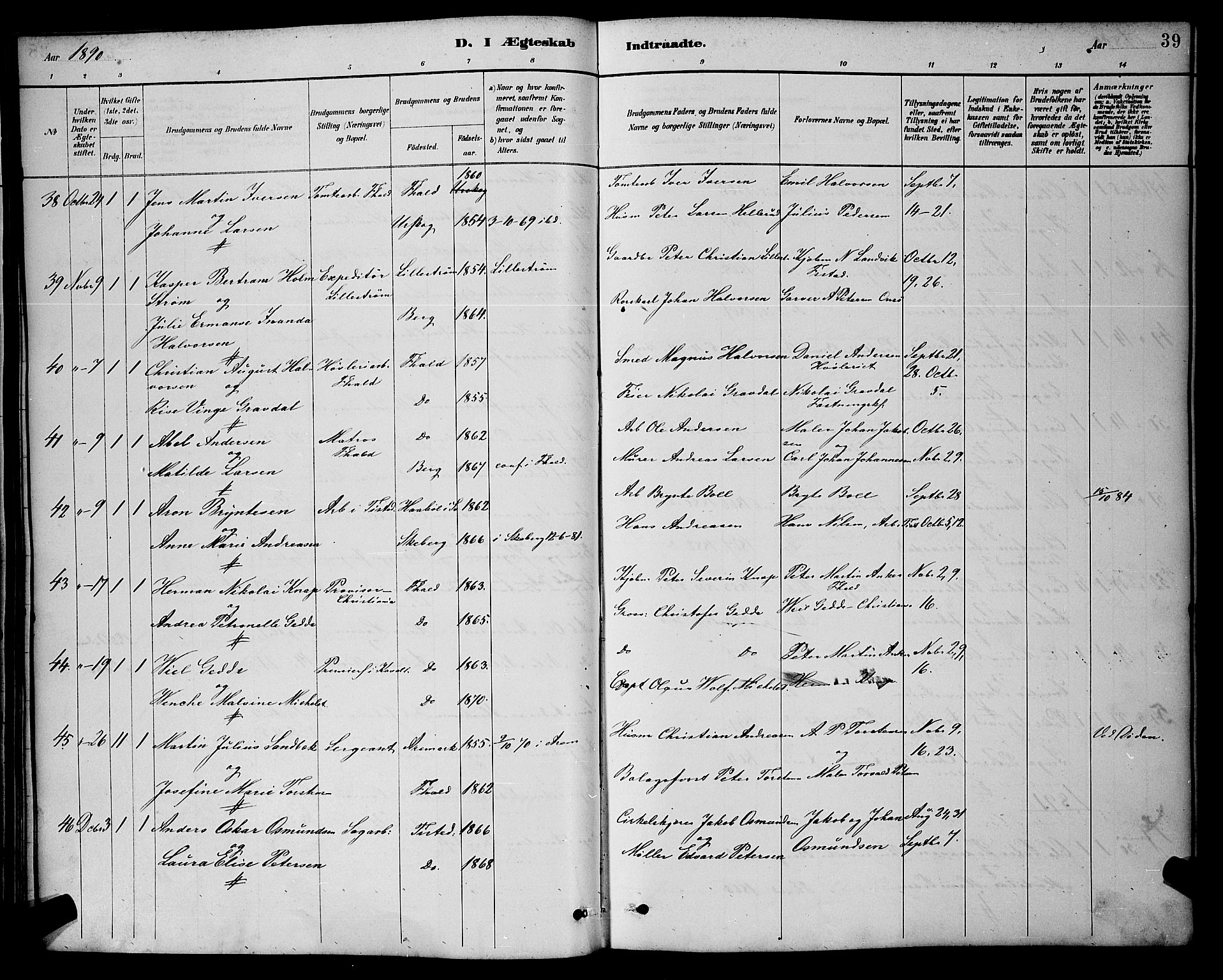 Halden prestekontor Kirkebøker, AV/SAO-A-10909/G/Ga/L0009: Parish register (copy) no. 9, 1885-1908, p. 39