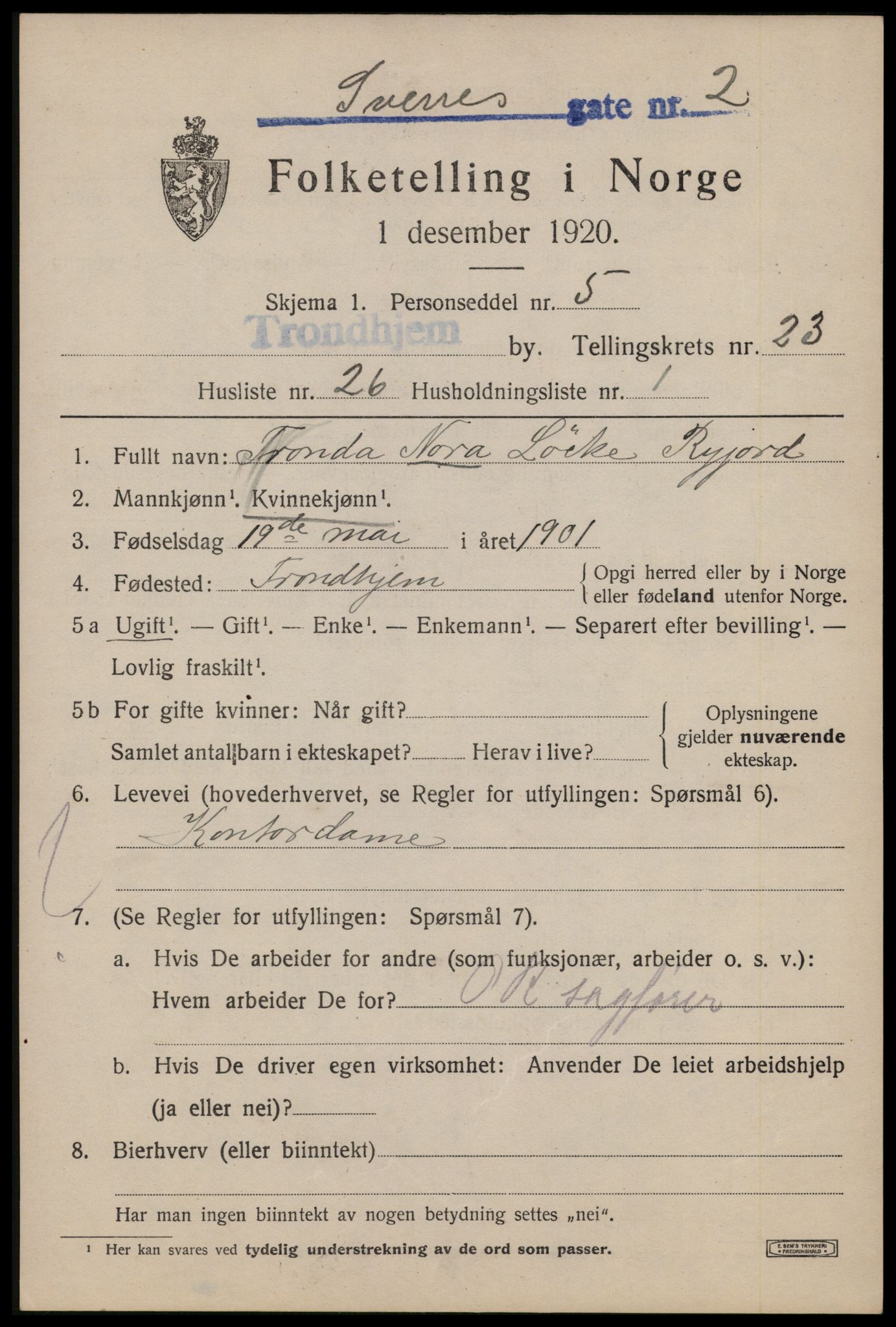 SAT, 1920 census for Trondheim, 1920, p. 65100