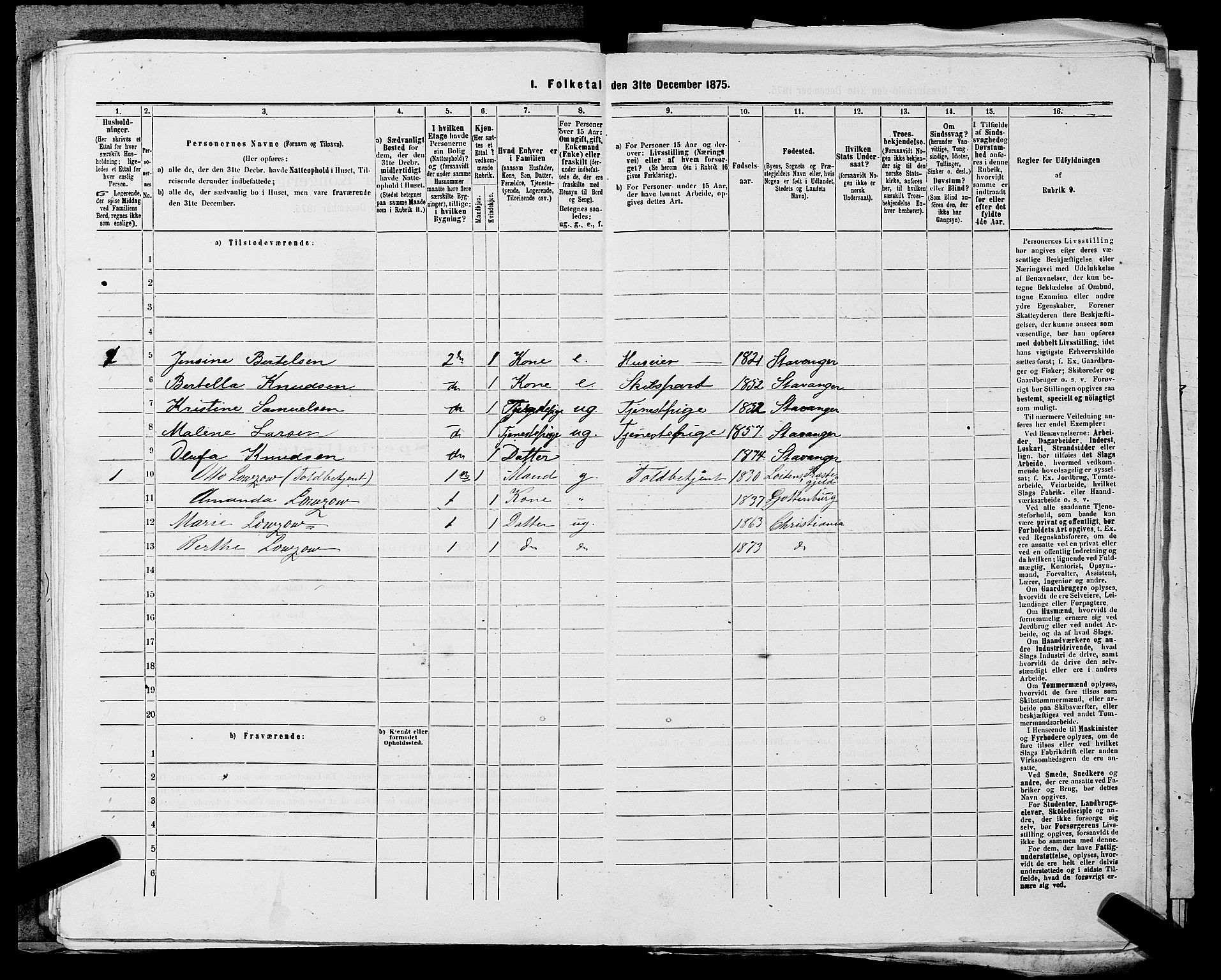 SAST, 1875 census for 1103 Stavanger, 1875, p. 826