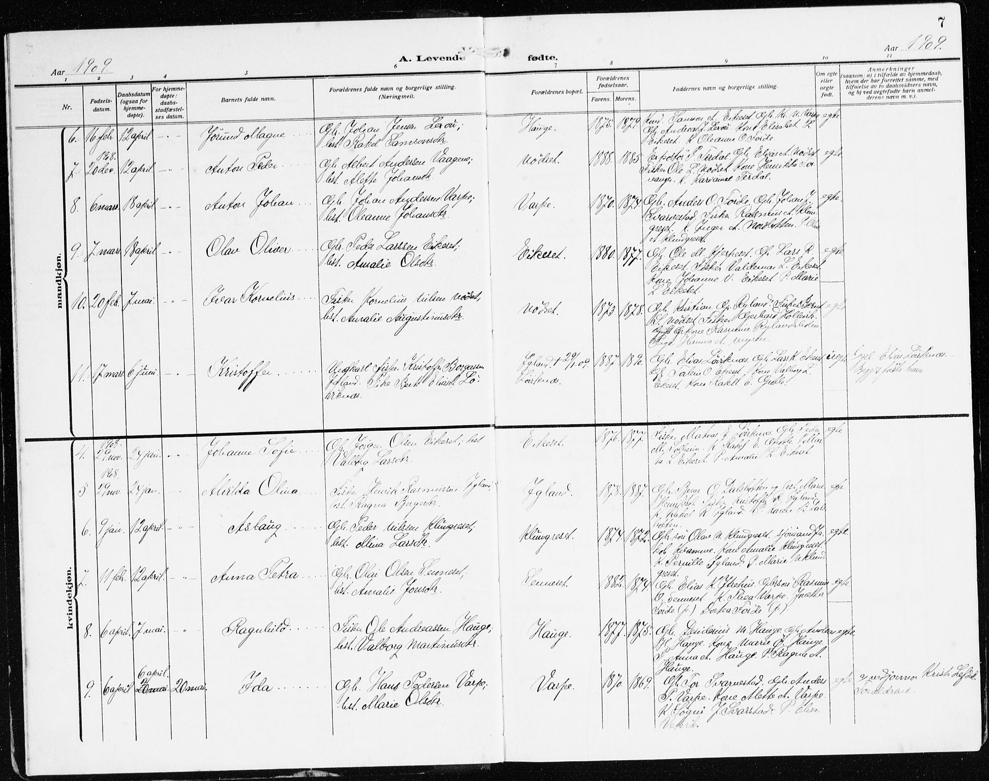 Bremanger sokneprestembete, AV/SAB-A-82201/H/Haa/Haac/L0001: Parish register (official) no. C 1, 1908-1921, p. 7