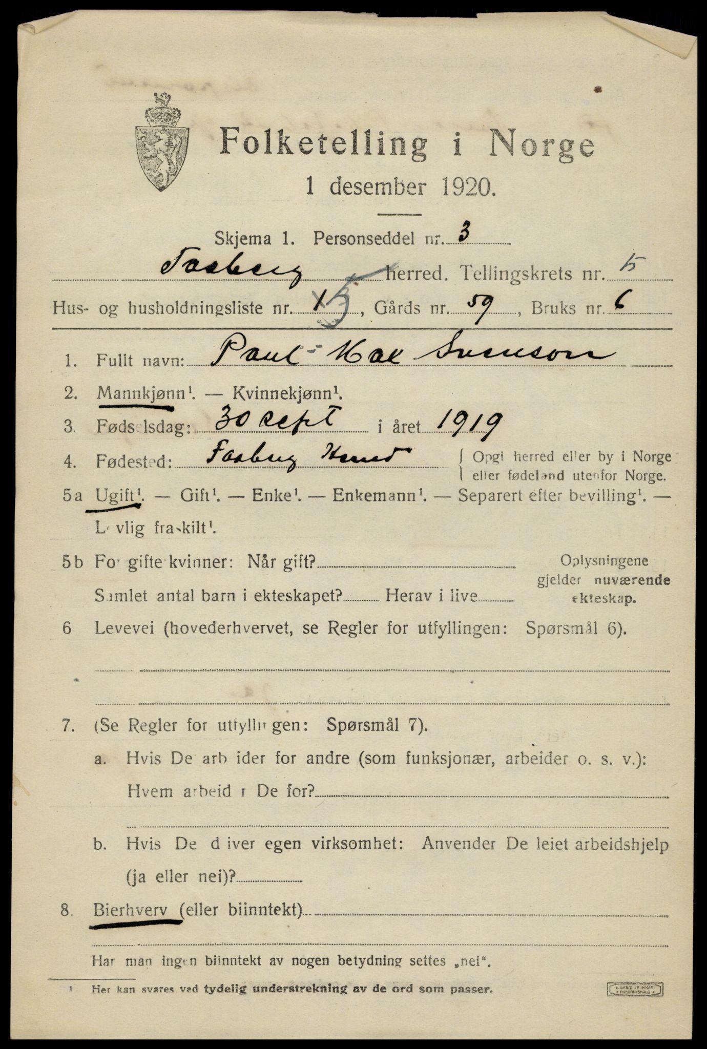 SAH, 1920 census for Fåberg, 1920, p. 5962