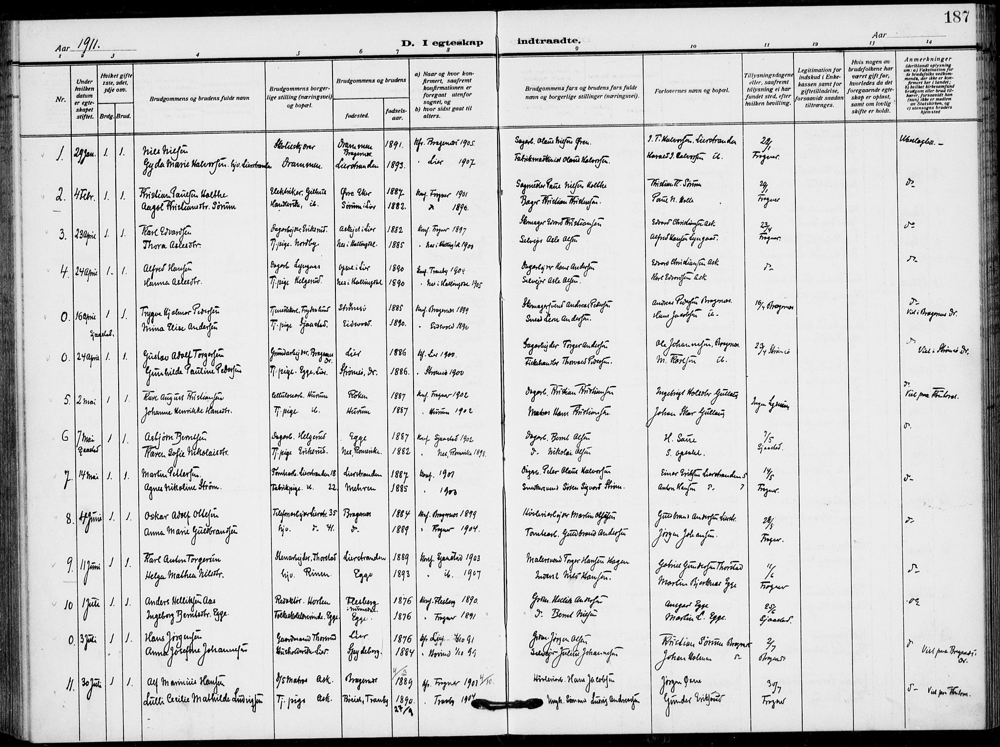 Lier kirkebøker, SAKO/A-230/F/Fa/L0018: Parish register (official) no. I 18, 1909-1917, p. 187