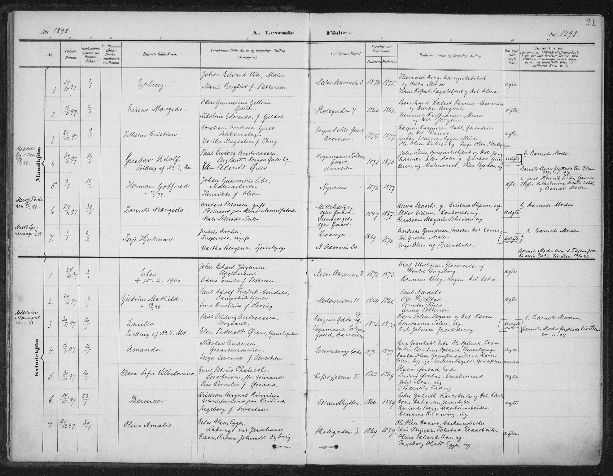 Ministerialprotokoller, klokkerbøker og fødselsregistre - Sør-Trøndelag, AV/SAT-A-1456/603/L0167: Parish register (official) no. 603A06, 1896-1932, p. 21