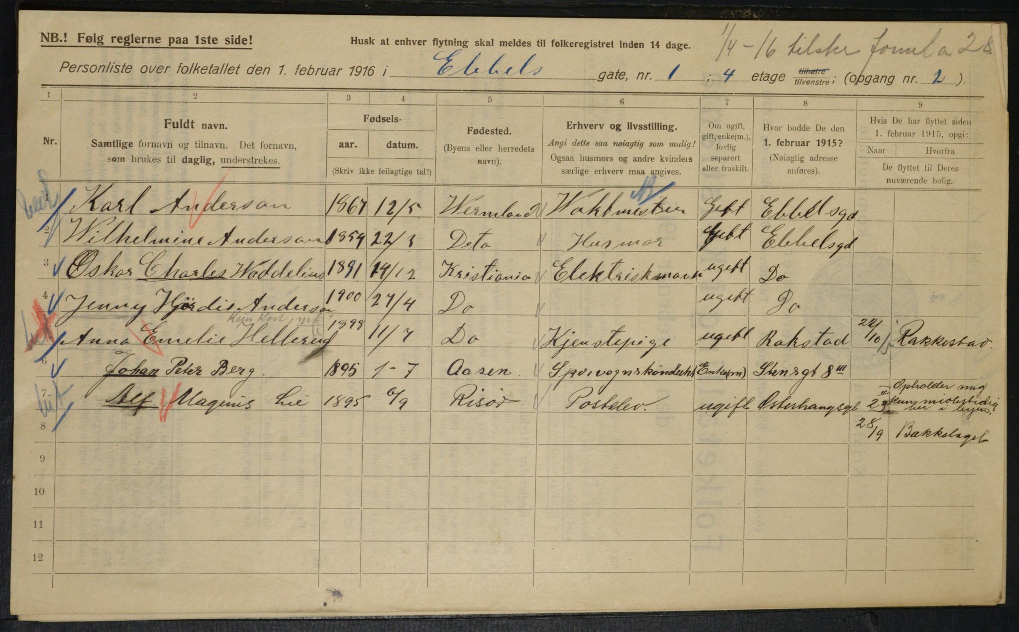 OBA, Municipal Census 1916 for Kristiania, 1916, p. 18195