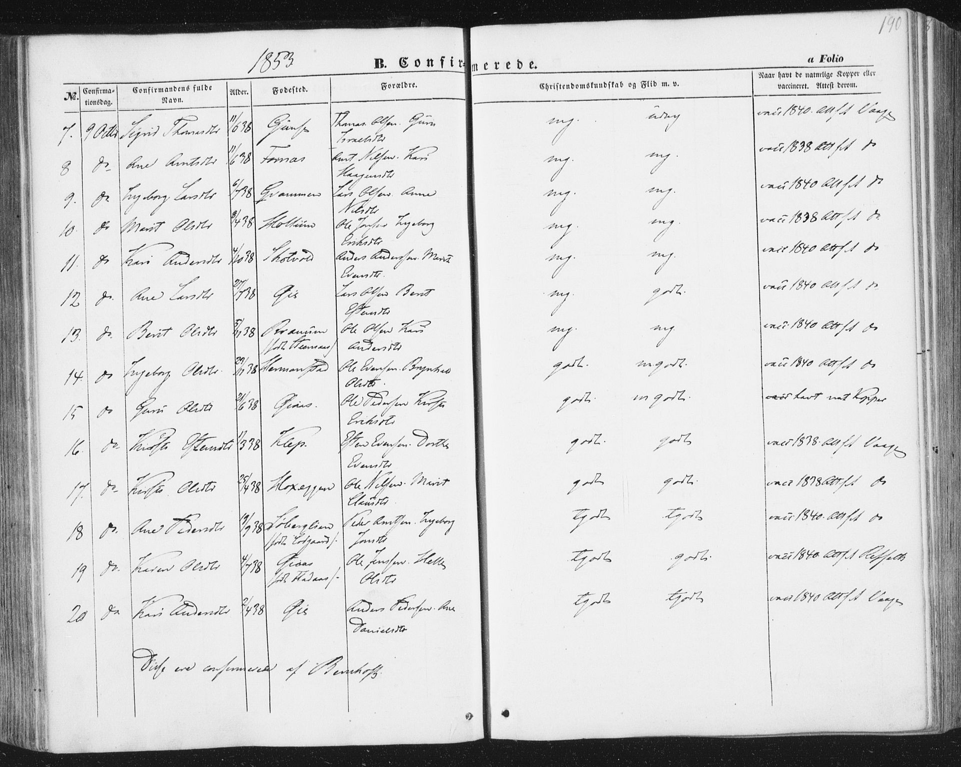 Ministerialprotokoller, klokkerbøker og fødselsregistre - Sør-Trøndelag, SAT/A-1456/691/L1076: Parish register (official) no. 691A08, 1852-1861, p. 190