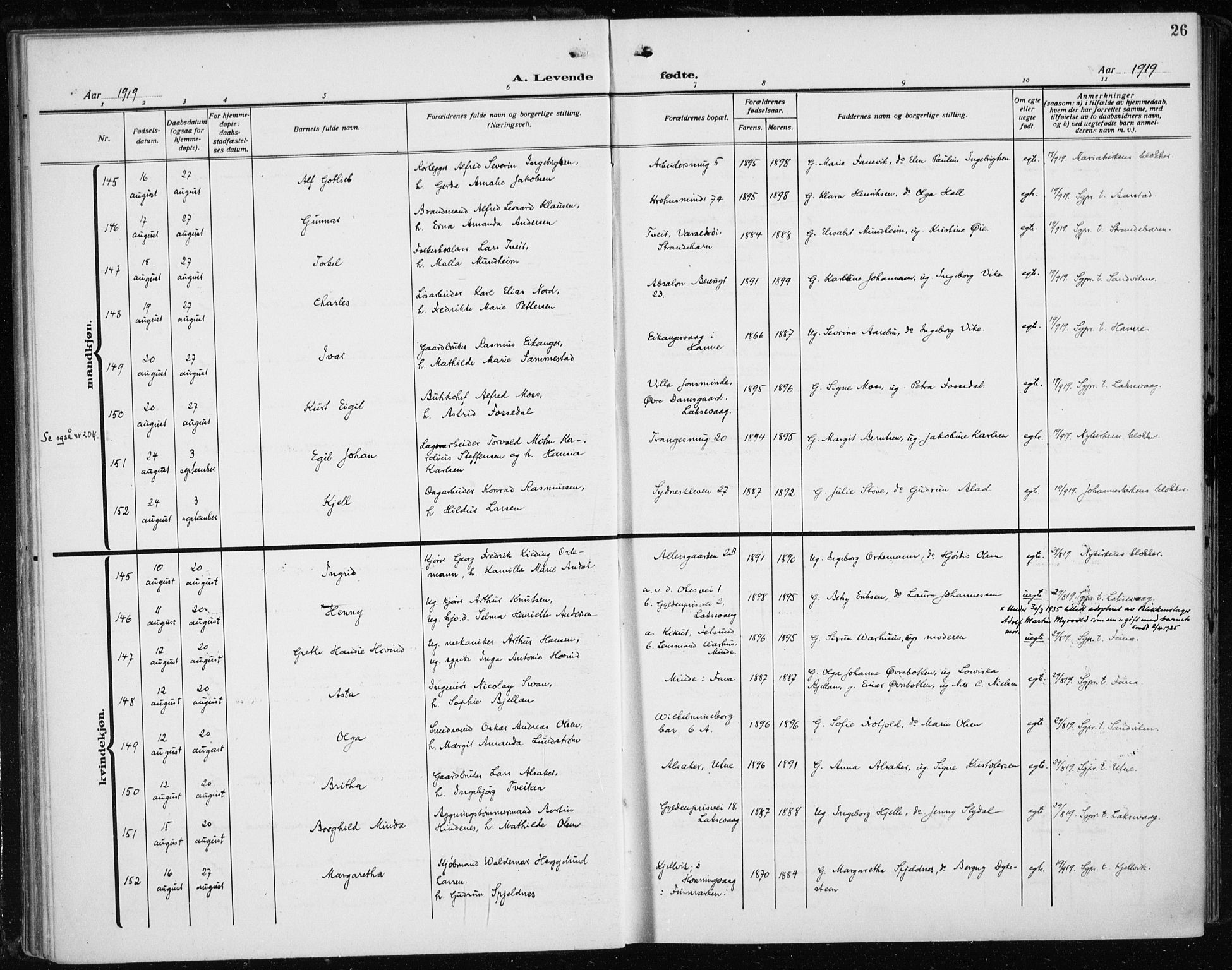 Fødselsstiftelsens sokneprestembete*, SAB/-: Parish register (official) no. A 5, 1918-1926, p. 26