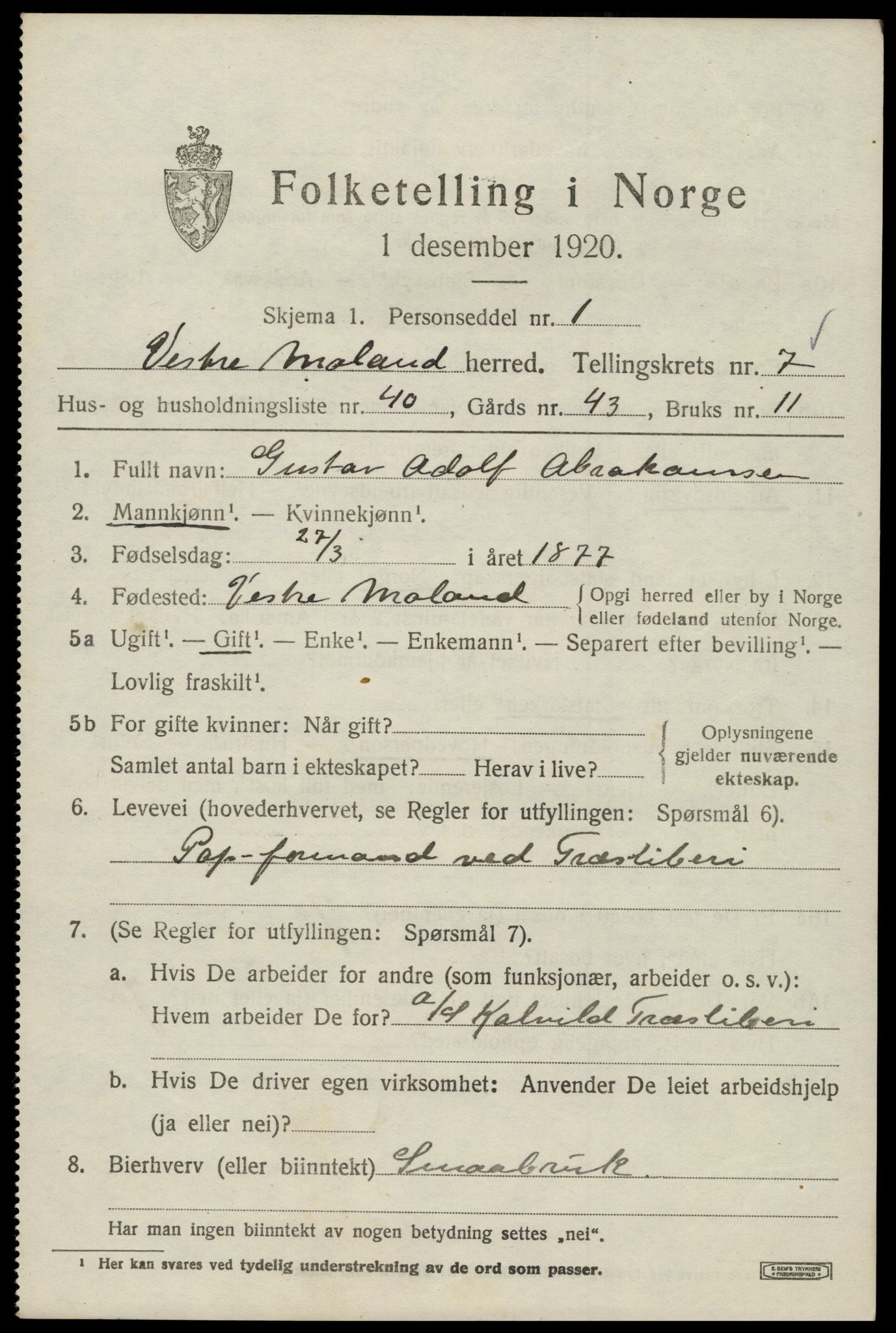 SAK, 1920 census for Vestre Moland, 1920, p. 5207