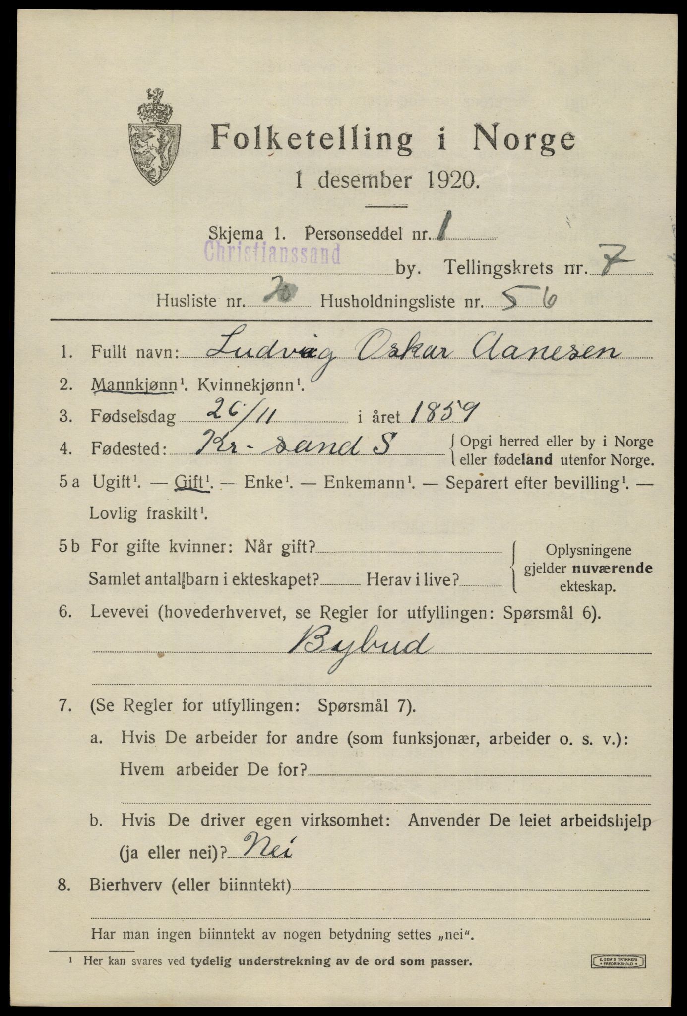 SAK, 1920 census for Kristiansand, 1920, p. 20401