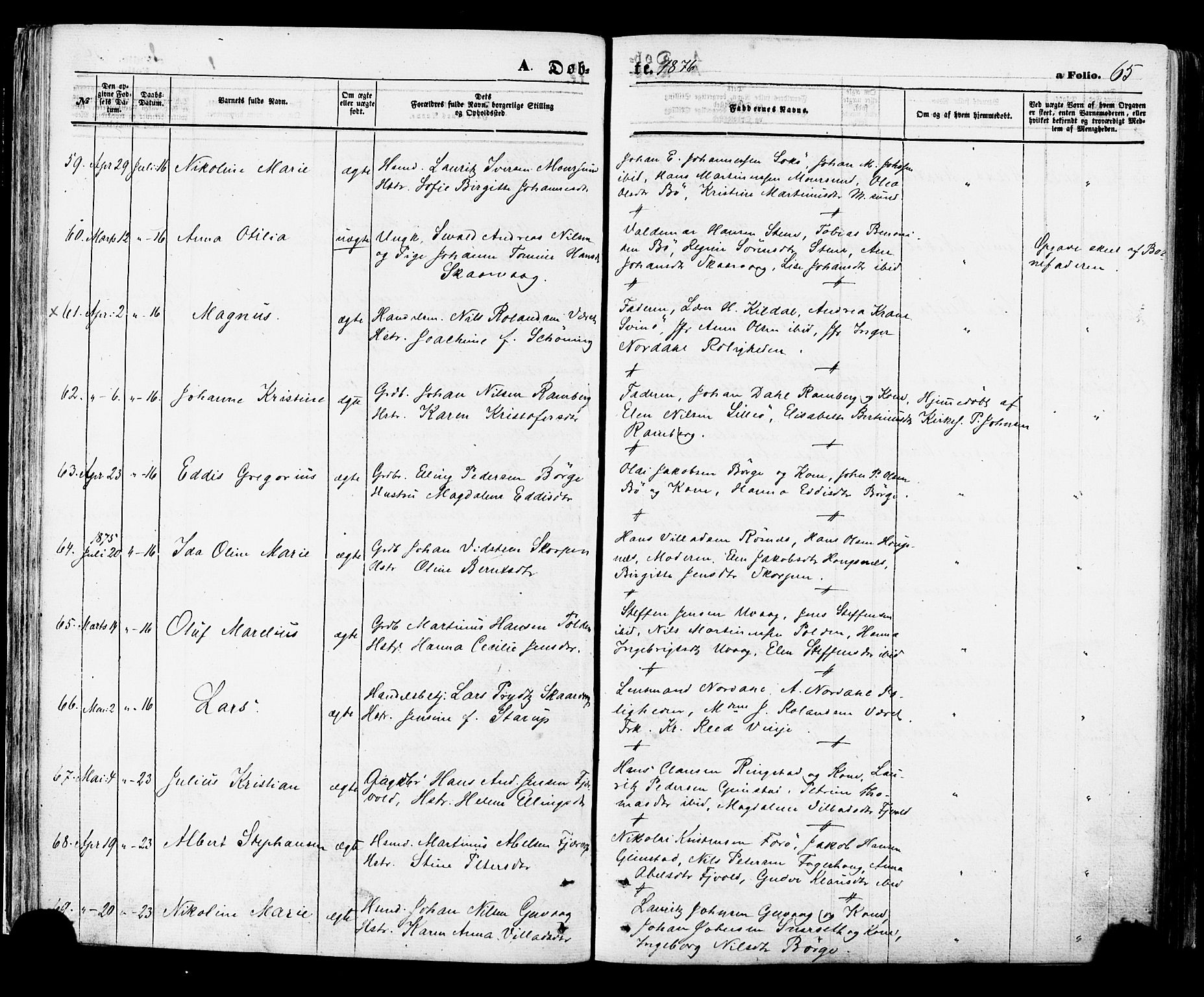 Ministerialprotokoller, klokkerbøker og fødselsregistre - Nordland, AV/SAT-A-1459/891/L1301: Parish register (official) no. 891A06, 1870-1878, p. 65