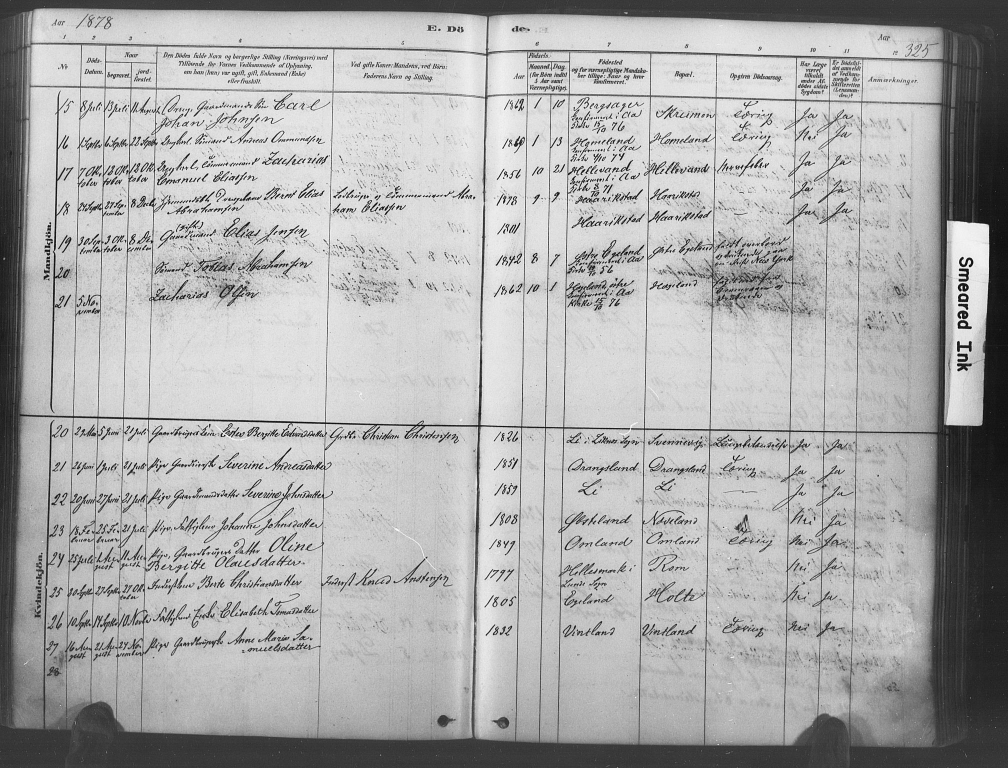 Lyngdal sokneprestkontor, AV/SAK-1111-0029/F/Fa/Fac/L0011: Parish register (official) no. A 11, 1878-1893, p. 325