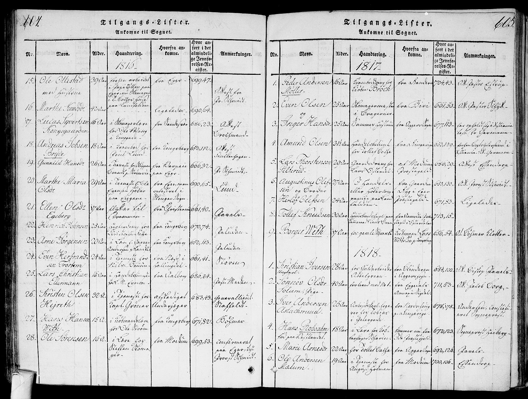 Bragernes kirkebøker, AV/SAKO-A-6/G/Ga/L0001: Parish register (copy) no. 1, 1815-1829, p. 604-605