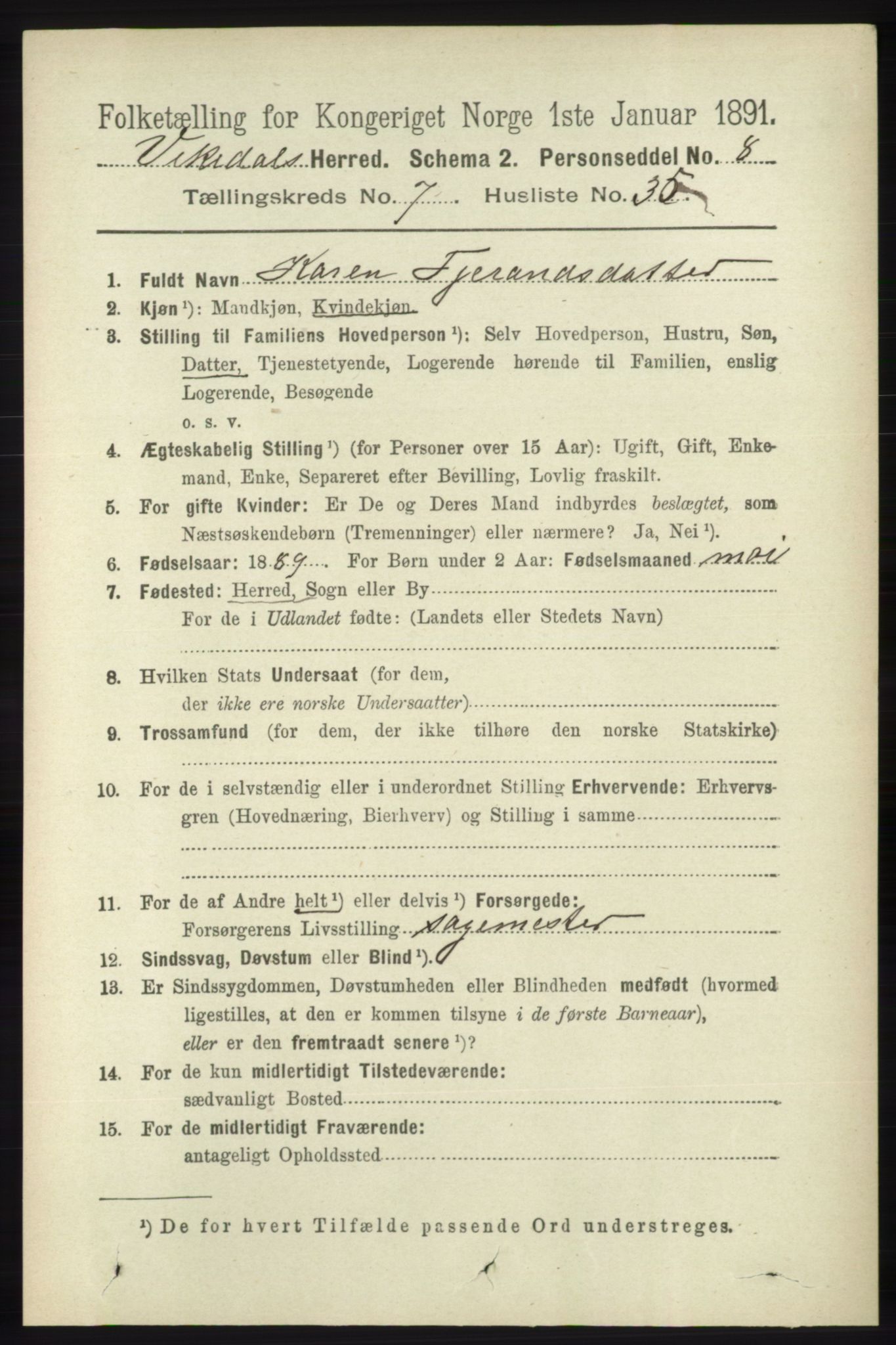 RA, 1891 census for 1157 Vikedal, 1891, p. 2184