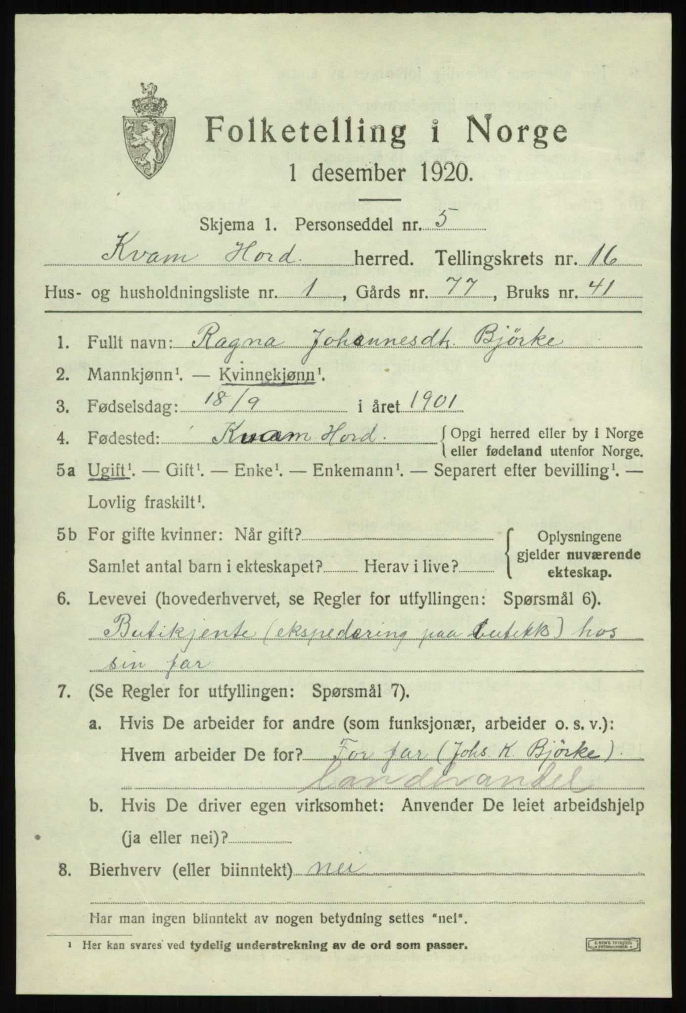 SAB, 1920 census for Kvam, 1920, p. 8869