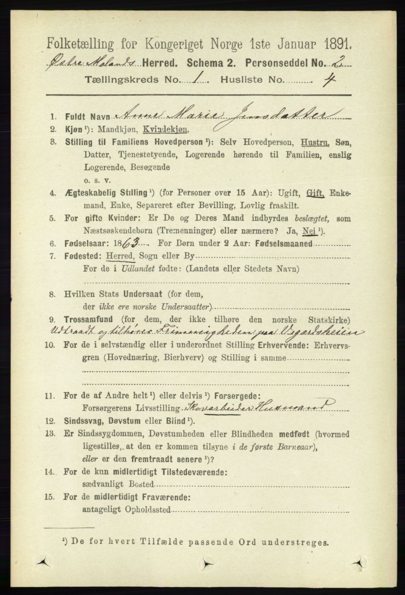 RA, 1891 census for 0918 Austre Moland, 1891, p. 109