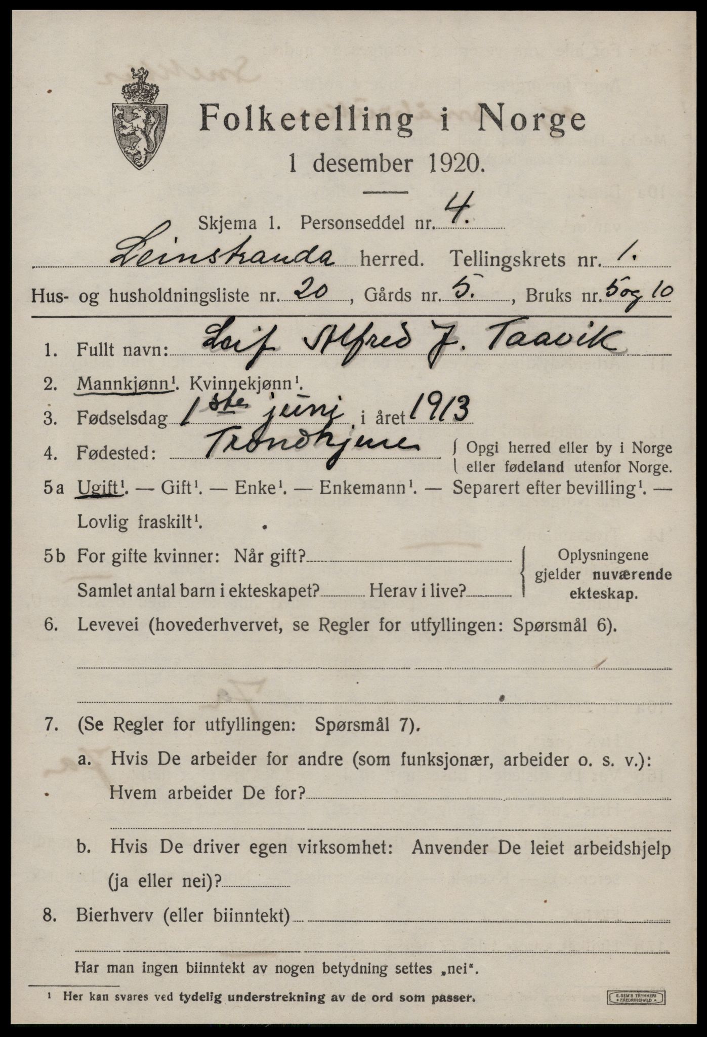 SAT, 1920 census for Leinstrand, 1920, p. 829