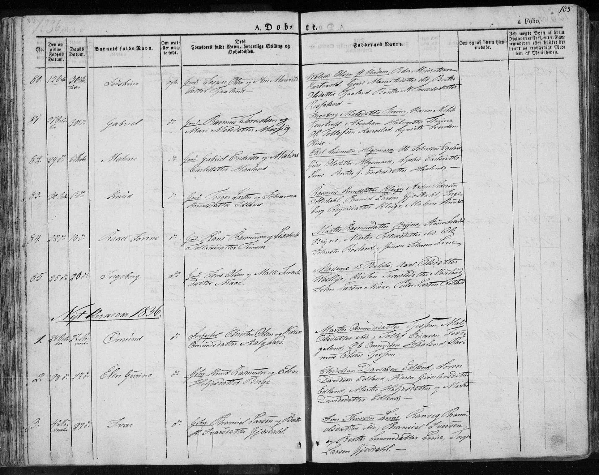 Lye sokneprestkontor, AV/SAST-A-101794/001/30BA/L0004: Parish register (official) no. A 4, 1826-1841, p. 105