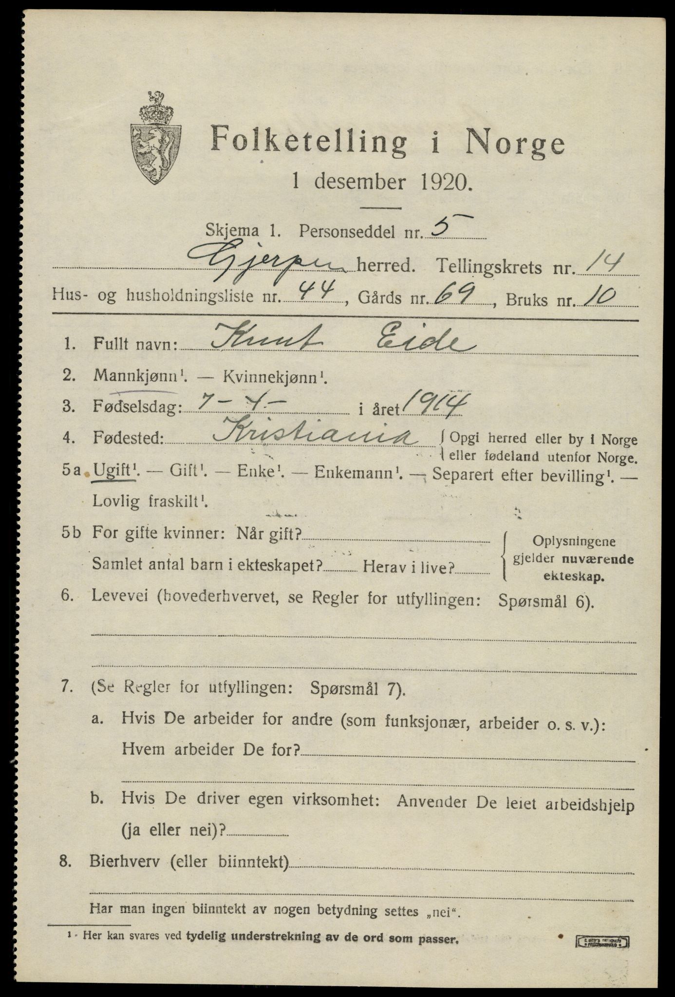 SAKO, 1920 census for Gjerpen, 1920, p. 16520