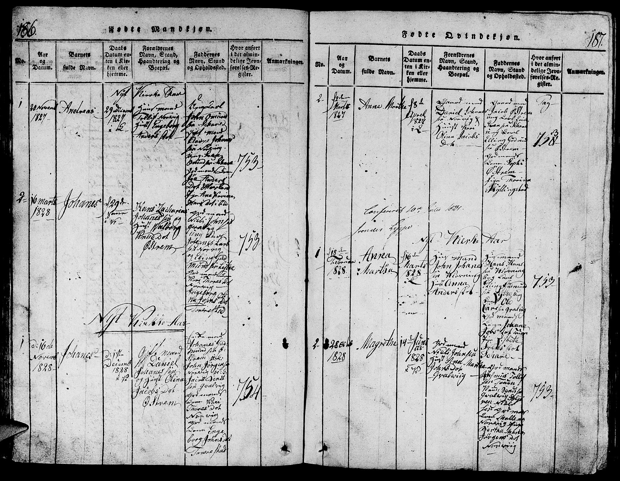 Torvastad sokneprestkontor, AV/SAST-A -101857/H/Ha/Hab/L0001: Parish register (copy) no. B 1 /2, 1817-1834, p. 186-187