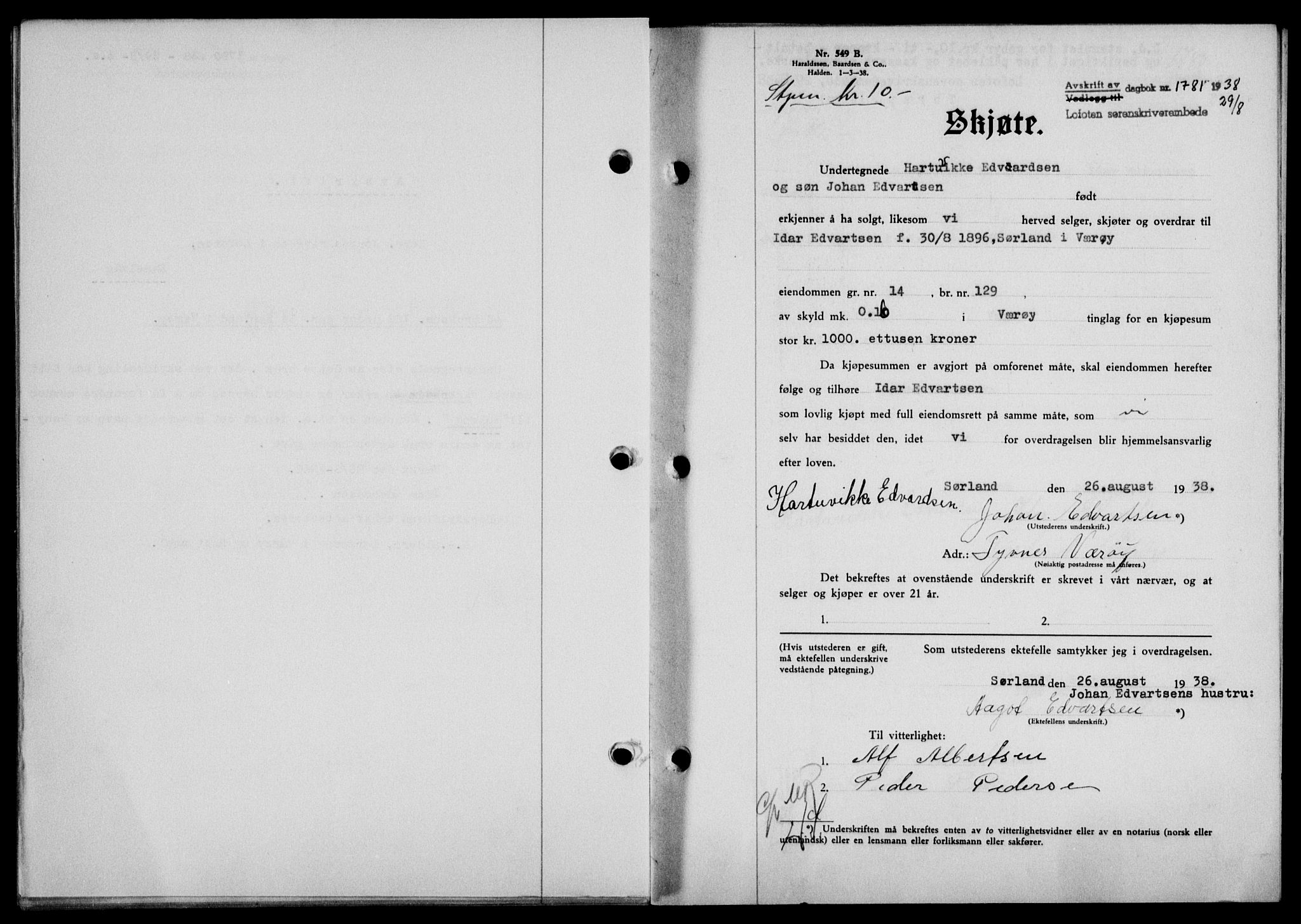 Lofoten sorenskriveri, SAT/A-0017/1/2/2C/L0004a: Mortgage book no. 4a, 1938-1938, Diary no: : 1781/1938