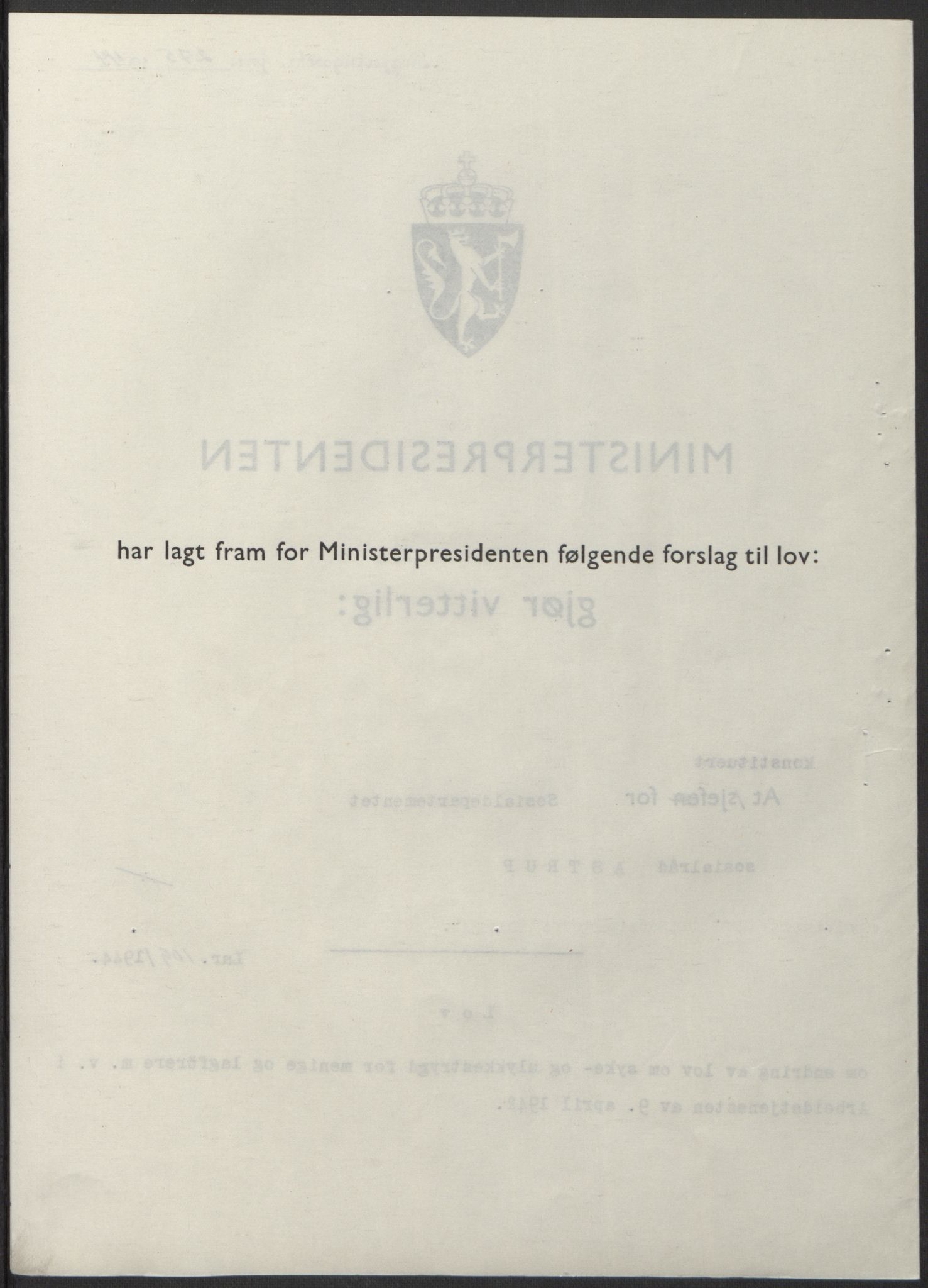 NS-administrasjonen 1940-1945 (Statsrådsekretariatet, de kommisariske statsråder mm), RA/S-4279/D/Db/L0100: Lover, 1944, p. 514