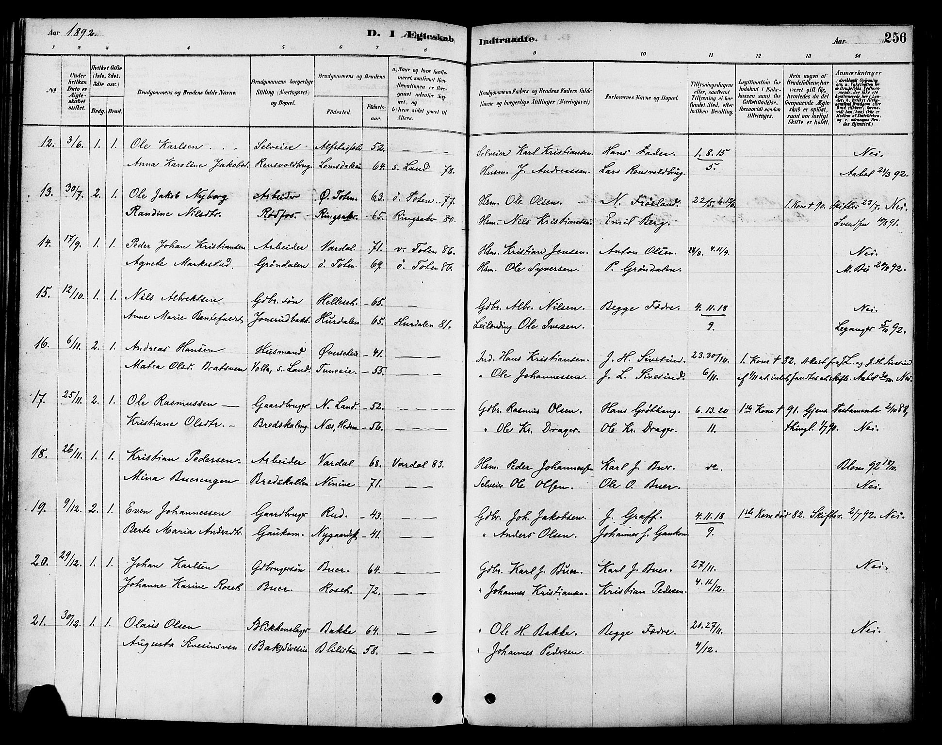 Vestre Toten prestekontor, SAH/PREST-108/H/Ha/Haa/L0009: Parish register (official) no. 9, 1878-1894, p. 256