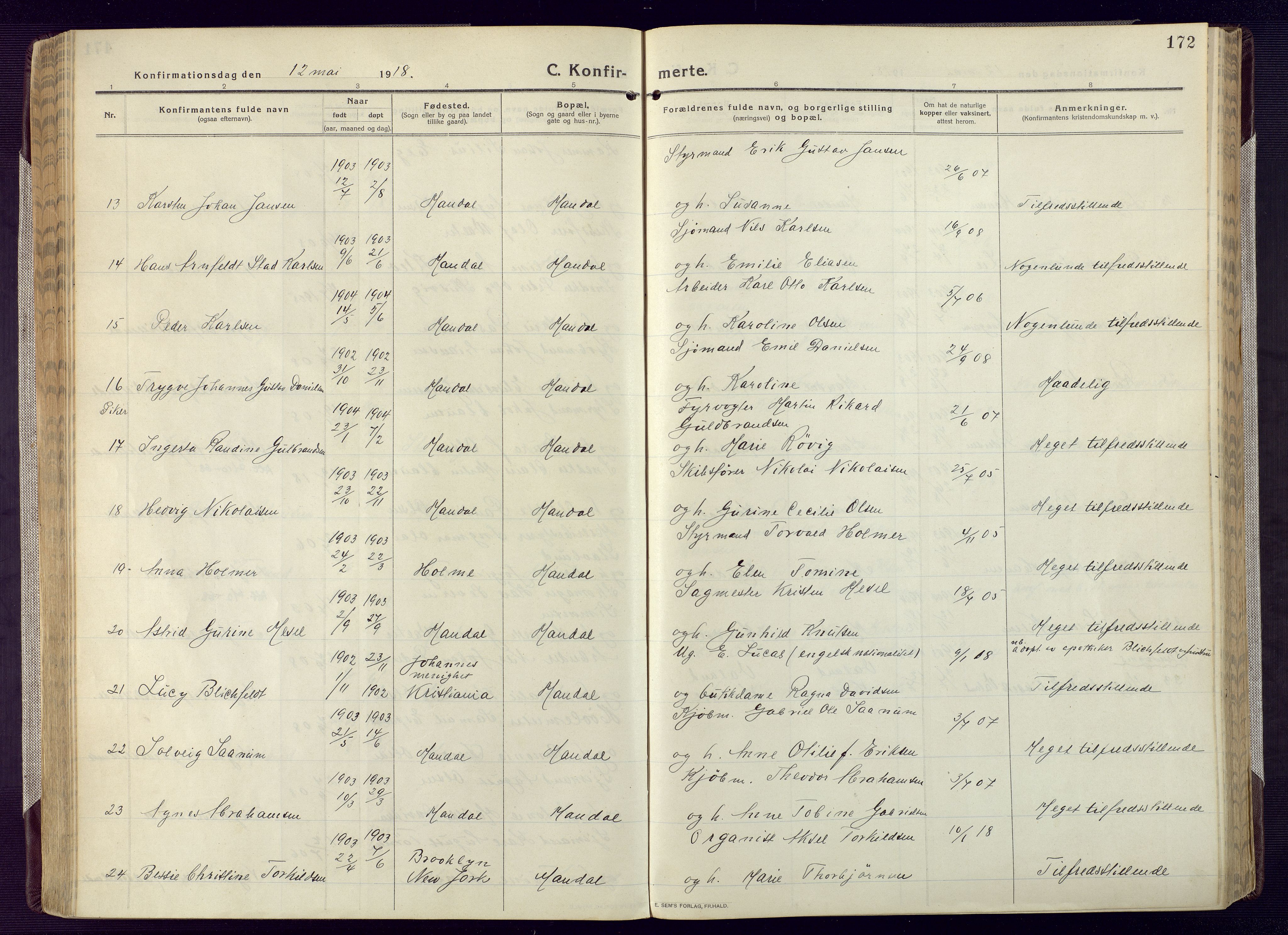 Mandal sokneprestkontor, AV/SAK-1111-0030/F/Fa/Fac/L0001: Parish register (official) no. A 1, 1913-1925, p. 172