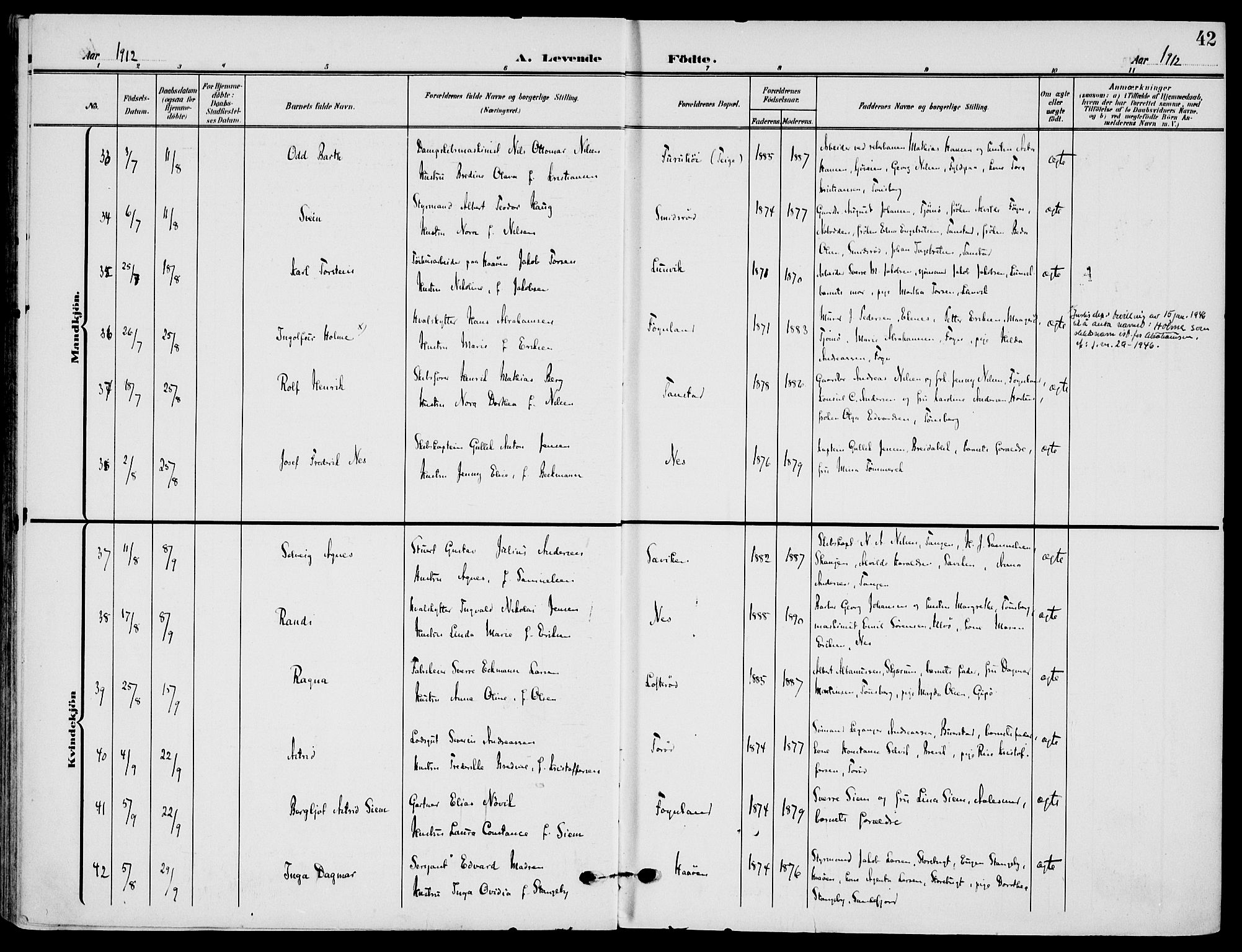 Nøtterøy kirkebøker, AV/SAKO-A-354/F/Fa/L0010: Parish register (official) no. I 10, 1908-1919, p. 42