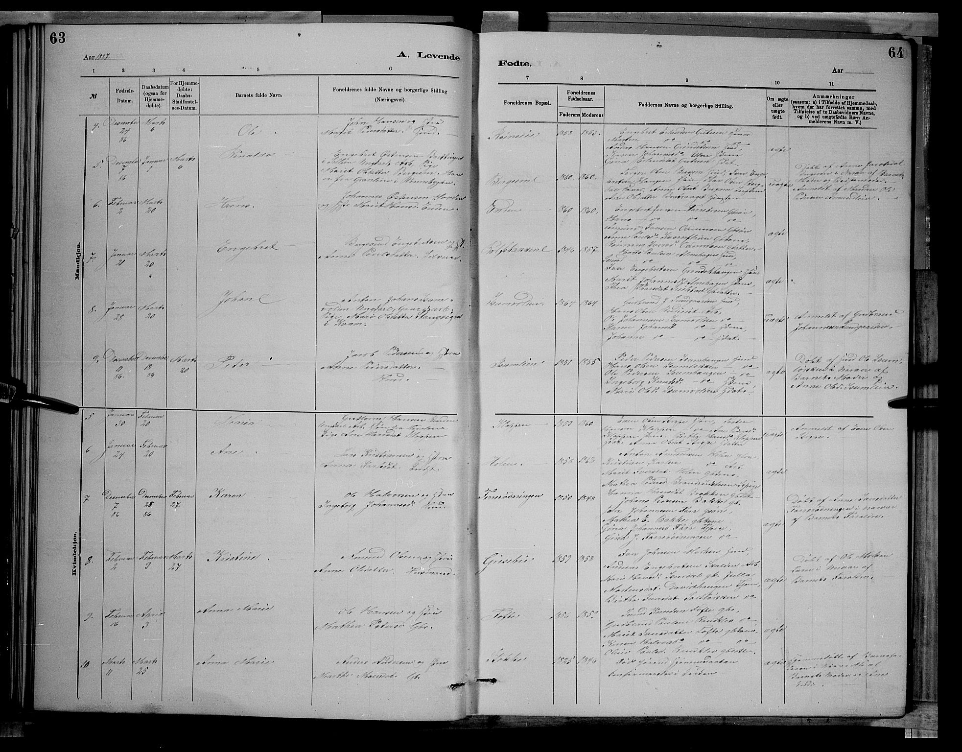 Sør-Fron prestekontor, SAH/PREST-010/H/Ha/Hab/L0003: Parish register (copy) no. 3, 1884-1896, p. 63-64