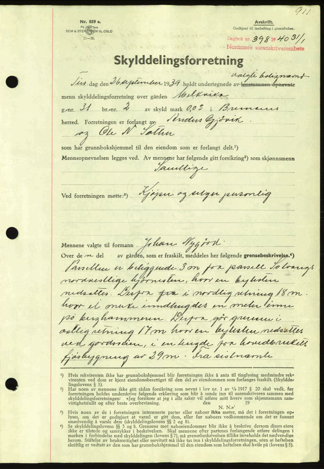 Nordmøre sorenskriveri, AV/SAT-A-4132/1/2/2Ca: Mortgage book no. A87, 1939-1940, Diary no: : 398/1940