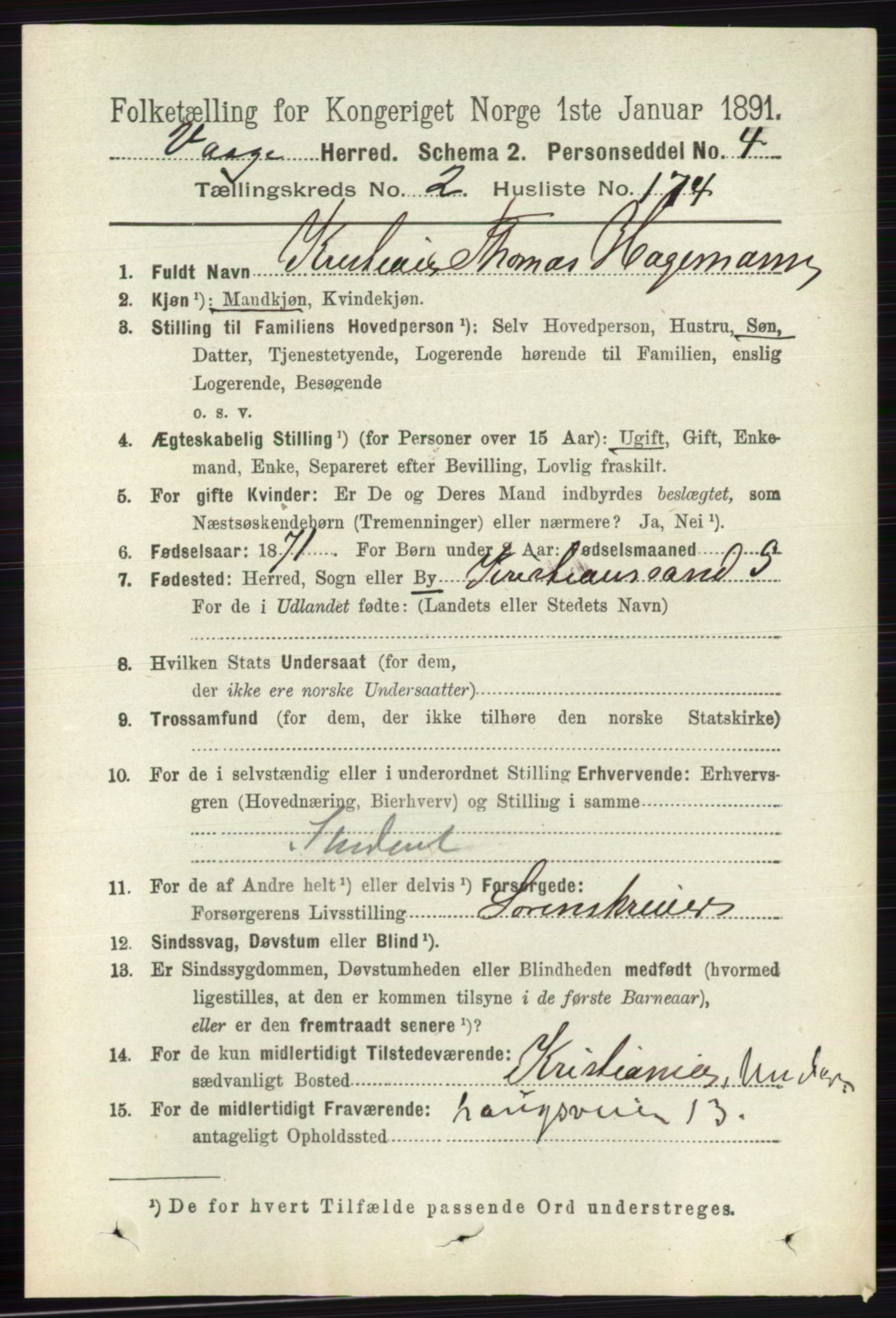 RA, 1891 census for 0515 Vågå, 1891, p. 2174