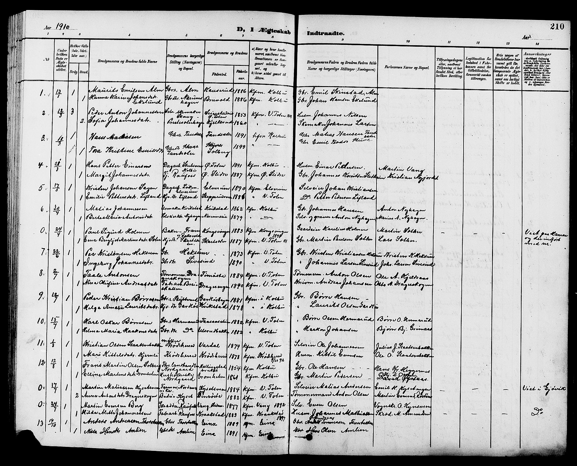 Vestre Toten prestekontor, SAH/PREST-108/H/Ha/Hab/L0010: Parish register (copy) no. 10, 1900-1912, p. 210