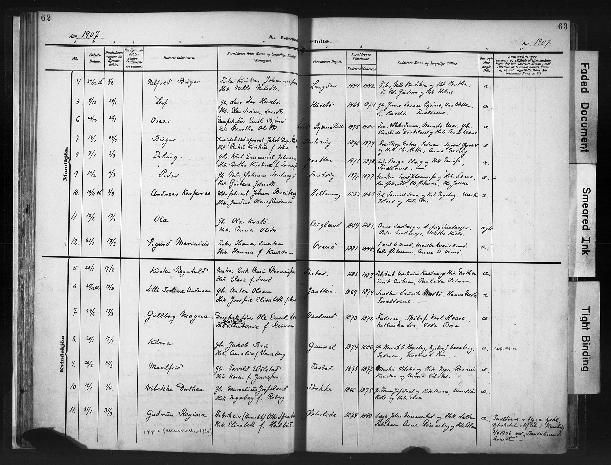 Hetland sokneprestkontor, SAST/A-101826/30/30BA/L0013: Parish register (official) no. A 13, 1904-1918, p. 62-63