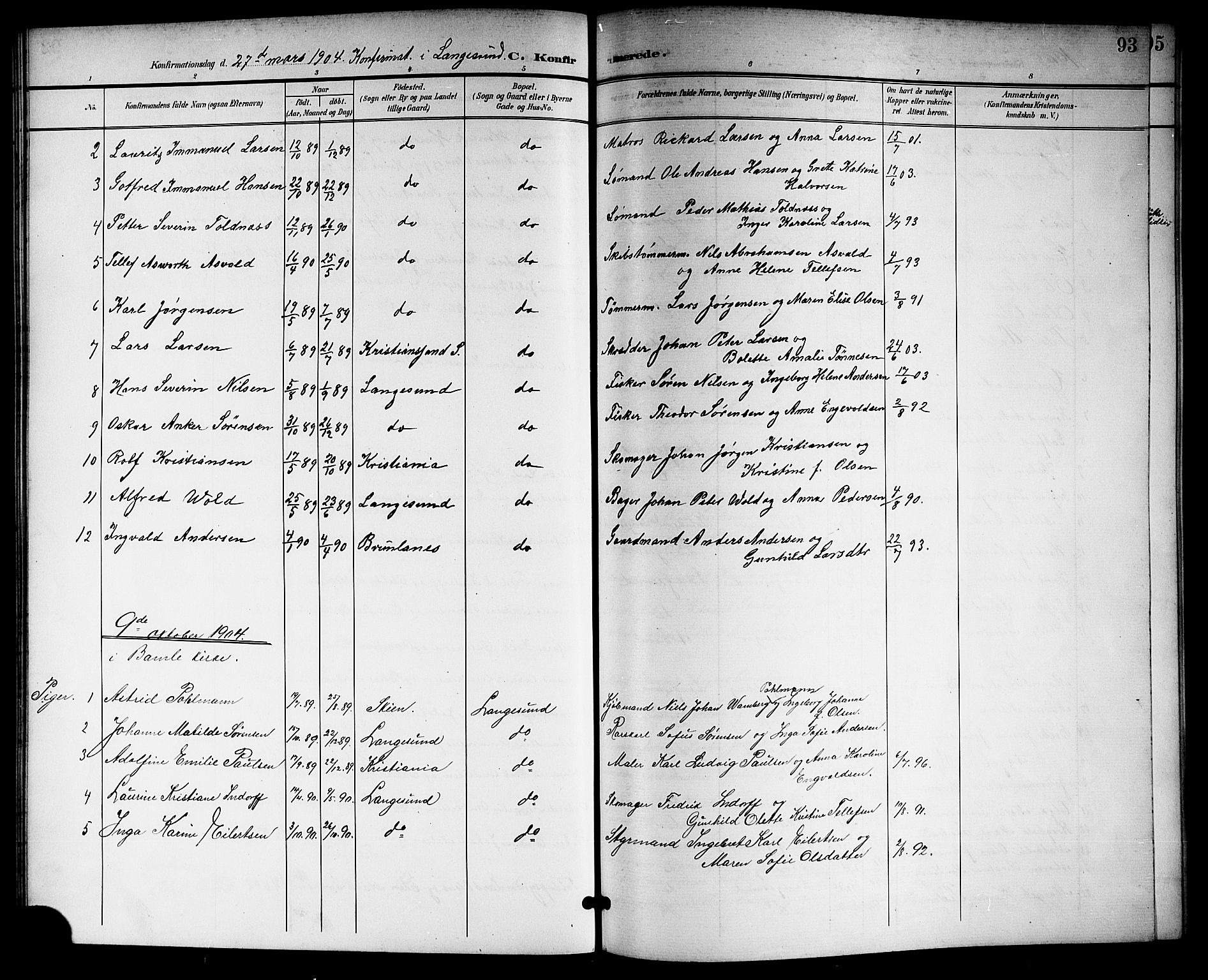 Langesund kirkebøker, SAKO/A-280/G/Ga/L0006: Parish register (copy) no. 6, 1899-1918, p. 93