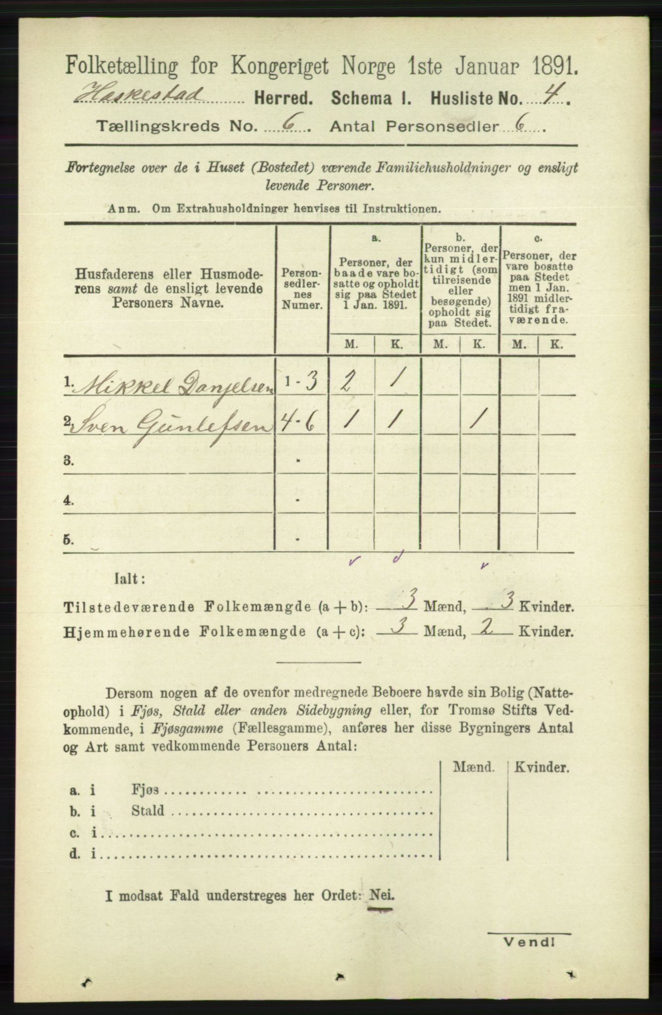 RA, 1891 census for 1113 Heskestad, 1891, p. 997