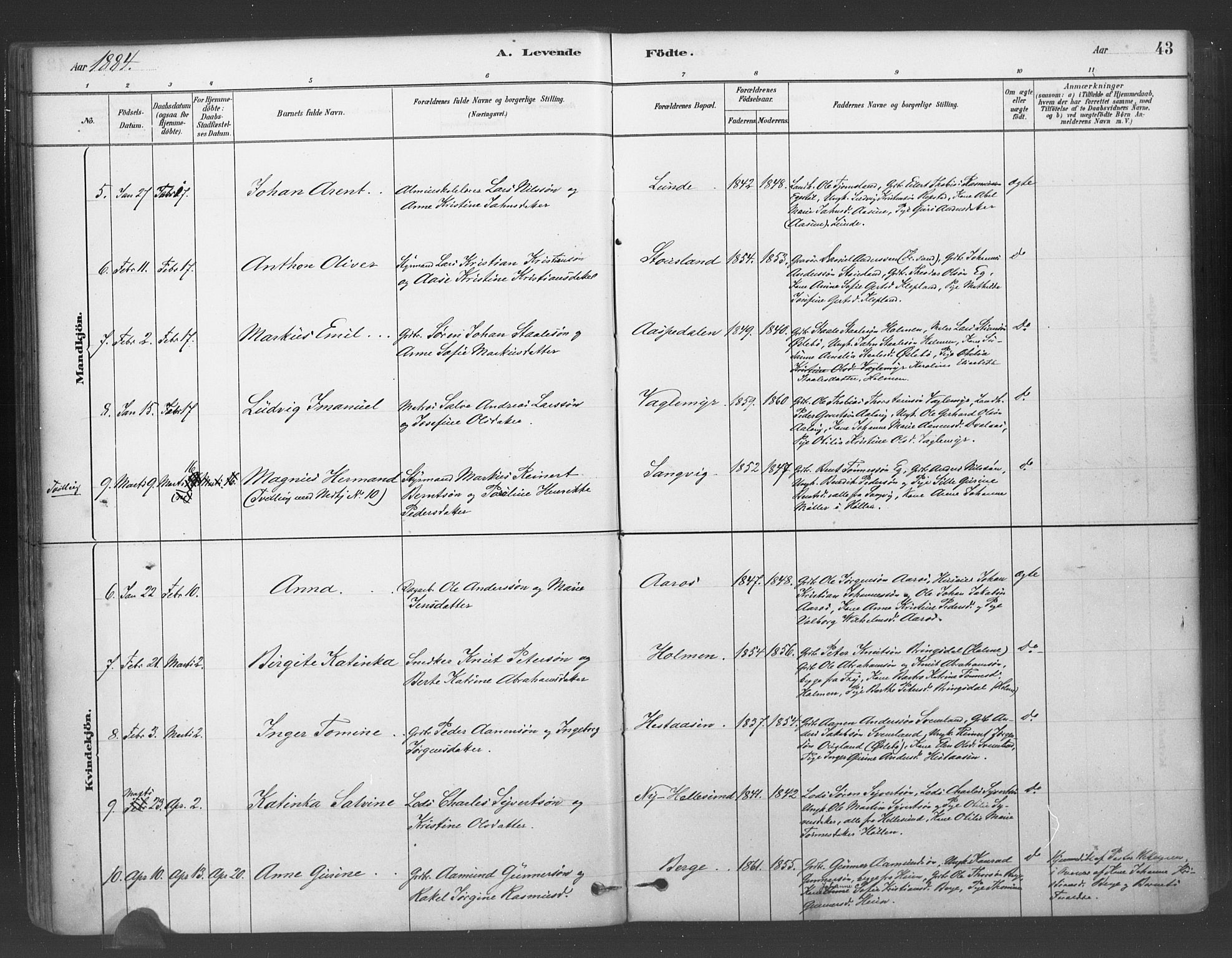 Søgne sokneprestkontor, SAK/1111-0037/F/Fa/Fab/L0012: Parish register (official) no. A 12, 1880-1891, p. 43
