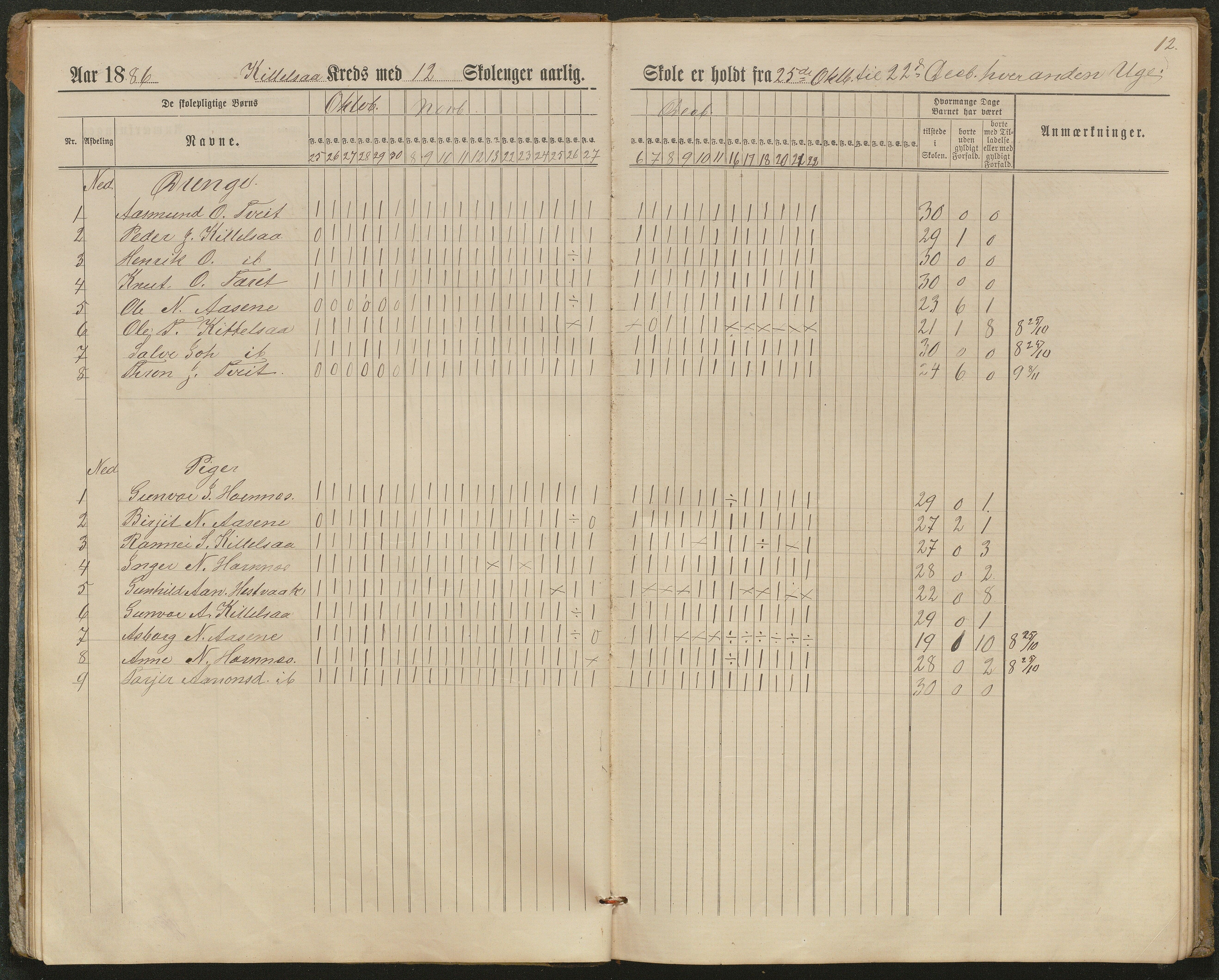 Hornnes kommune, Kjetså, Fennefoss skolekrets, AAKS/KA0936-550c/F1/L0002: Skoleprotokoll. Kjetså og Fennefoss, 1884-1896, p. 12