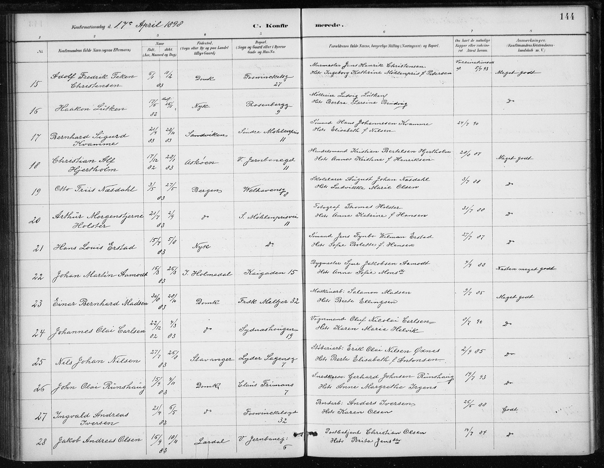 Johanneskirken sokneprestembete, AV/SAB-A-76001/H/Haa/L0008: Parish register (official) no. C 1, 1885-1907, p. 144