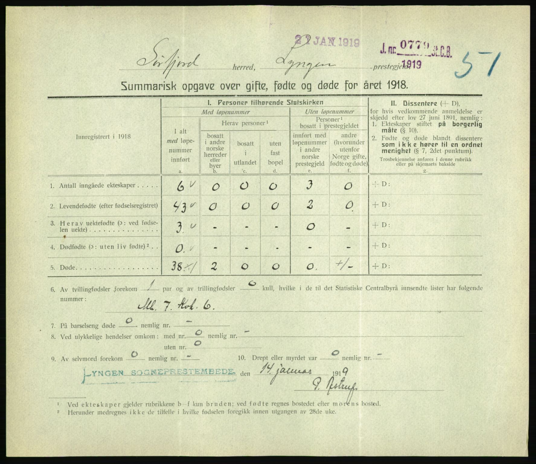 Statistisk sentralbyrå, Sosiodemografiske emner, Befolkning, RA/S-2228/D/Df/Dfb/Dfbh/L0059: Summariske oppgaver over gifte, fødte og døde for hele landet., 1918, p. 1639