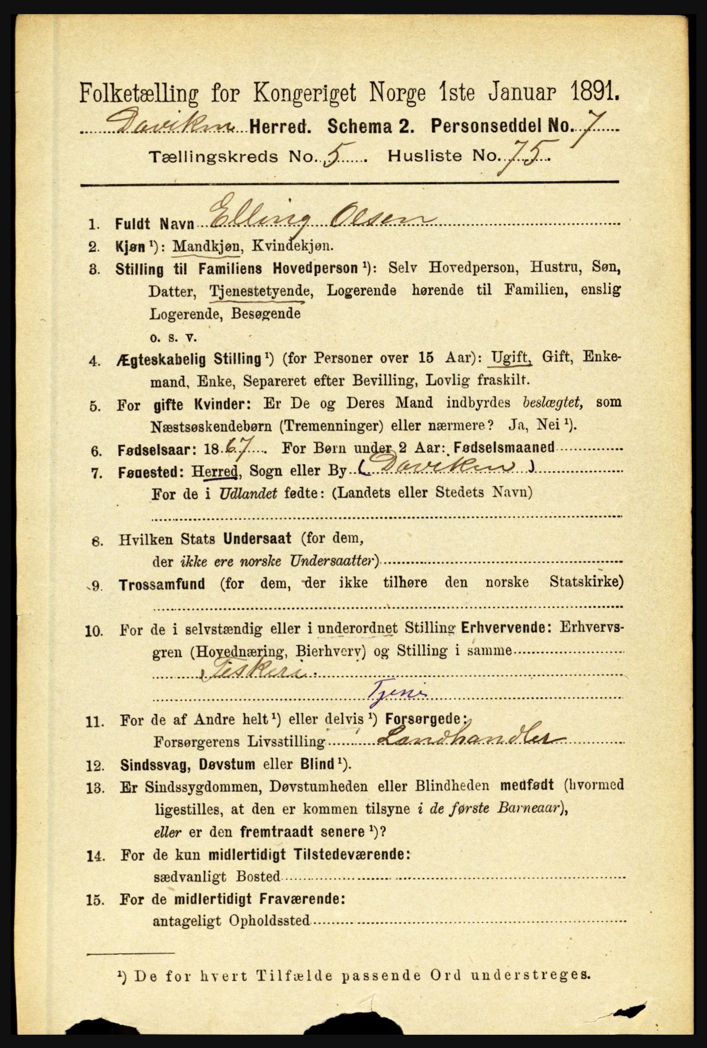 RA, 1891 census for 1442 Davik, 1891, p. 2231