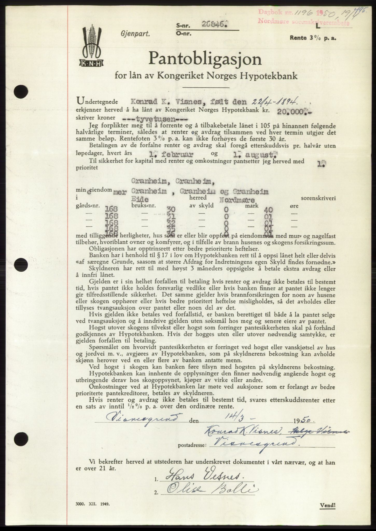 Nordmøre sorenskriveri, AV/SAT-A-4132/1/2/2Ca: Mortgage book no. B104, 1950-1950, Diary no: : 1196/1950