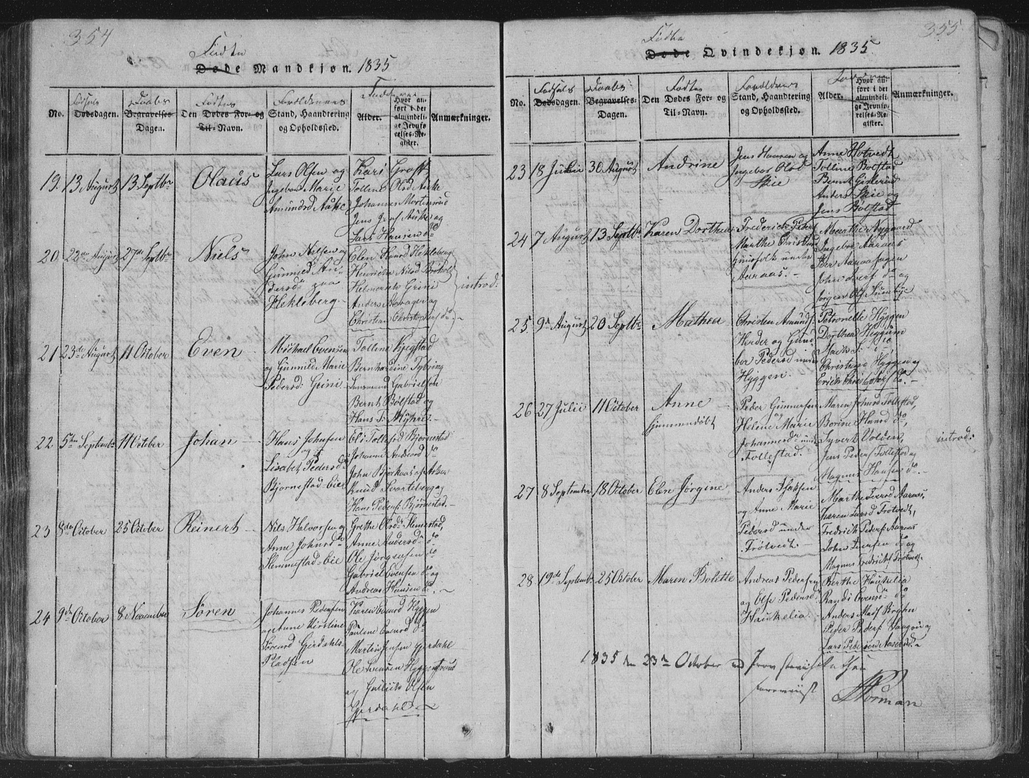 Røyken kirkebøker, AV/SAKO-A-241/G/Ga/L0003: Parish register (copy) no. 3, 1814-1856, p. 354-355